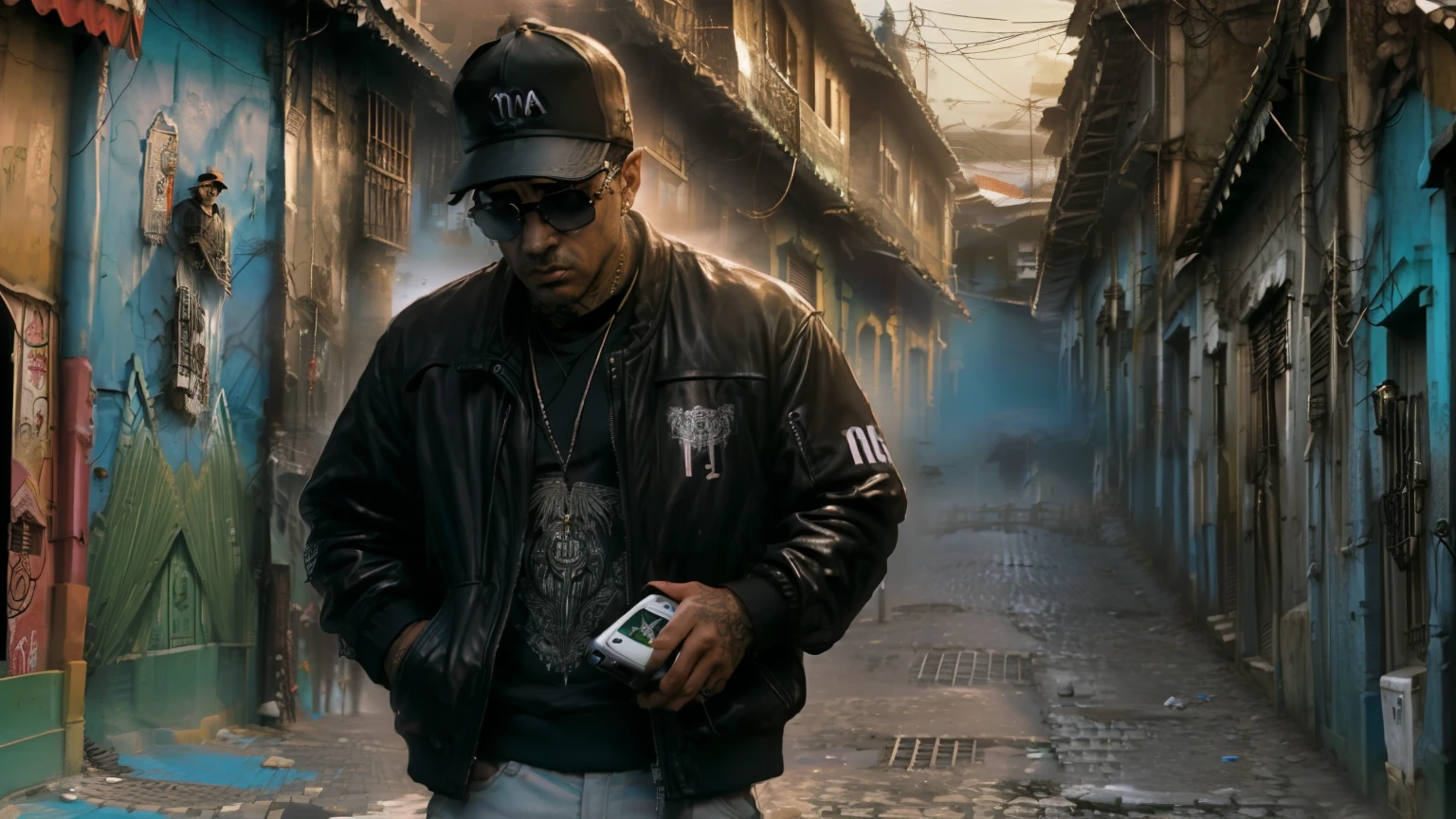 IMAGEM DE UM ULTRA REALISTA, (A GANGSTER HOLDING A SMARTPHONE WITH (cocaine) Em cima), RIO DE JANEIRO STREET, ((RUA ESTILO FAVELA)), rua suja, Casas antigas, DANGEROUS STREET WITH SEVERAL GANG MEMBERS, graffiti on walls, LISTRAS PRETAS E VERMELHAS NA CAMISA DO TIME DE FUTEBOL, Tatuado, Olhar sinistro, HOLDING A SMARTPHONE WITH COCAINE ON TOP, CAMPO DE FUTEBOL SEM GRAMADO, ANTIGO CAMPO DE FUTEBOL, Drogas, Armas, gangue, GUERRA DE RUA