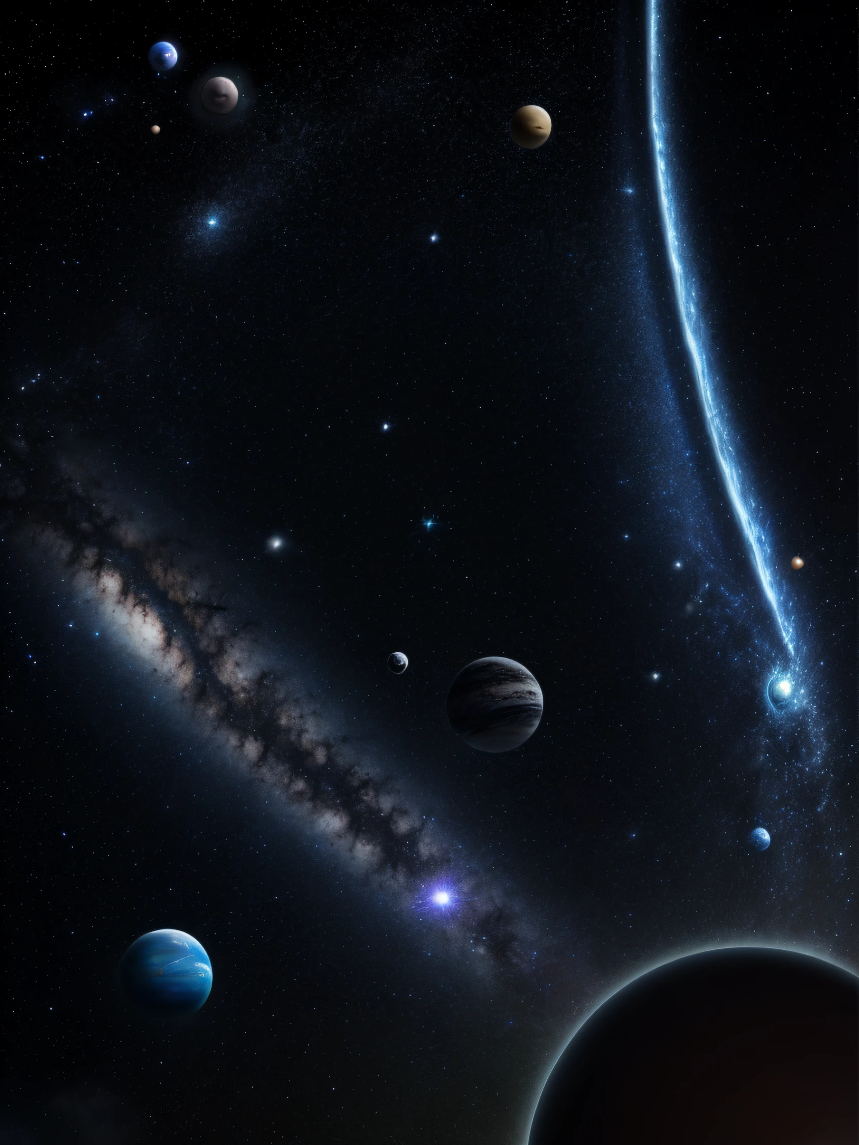 There is a planet in the lower right corner,Reduce the planet,Multipoint star,Milky Way scene,Nebula scene,Space scene with close-up of planets and meteors, planets and stars,In the universe. Simple colors,Black and white, Highly realistic, space sky, on a galaxy looking background, Galactic Space Sci-Fi - FI Cosmic Starry Sky Background,stars in background,Clean background,The solar system is habitable,Alien lands,A planet light-years away,The large,Exoplanets,8K resolution,ultra - detailed,best qualtiy, Hyper-realistic, photorealestic, 8K, photore, Wandering Earth,star war, cinematic photogtaphy, cinematic lighitnglamplight, cinema shot, black background centered, Universe I Universe, cinematic ligh, Full-HD, 1080p, 2K, 4K 18K 8K Ultra HD,focus-on、professinal、quality
