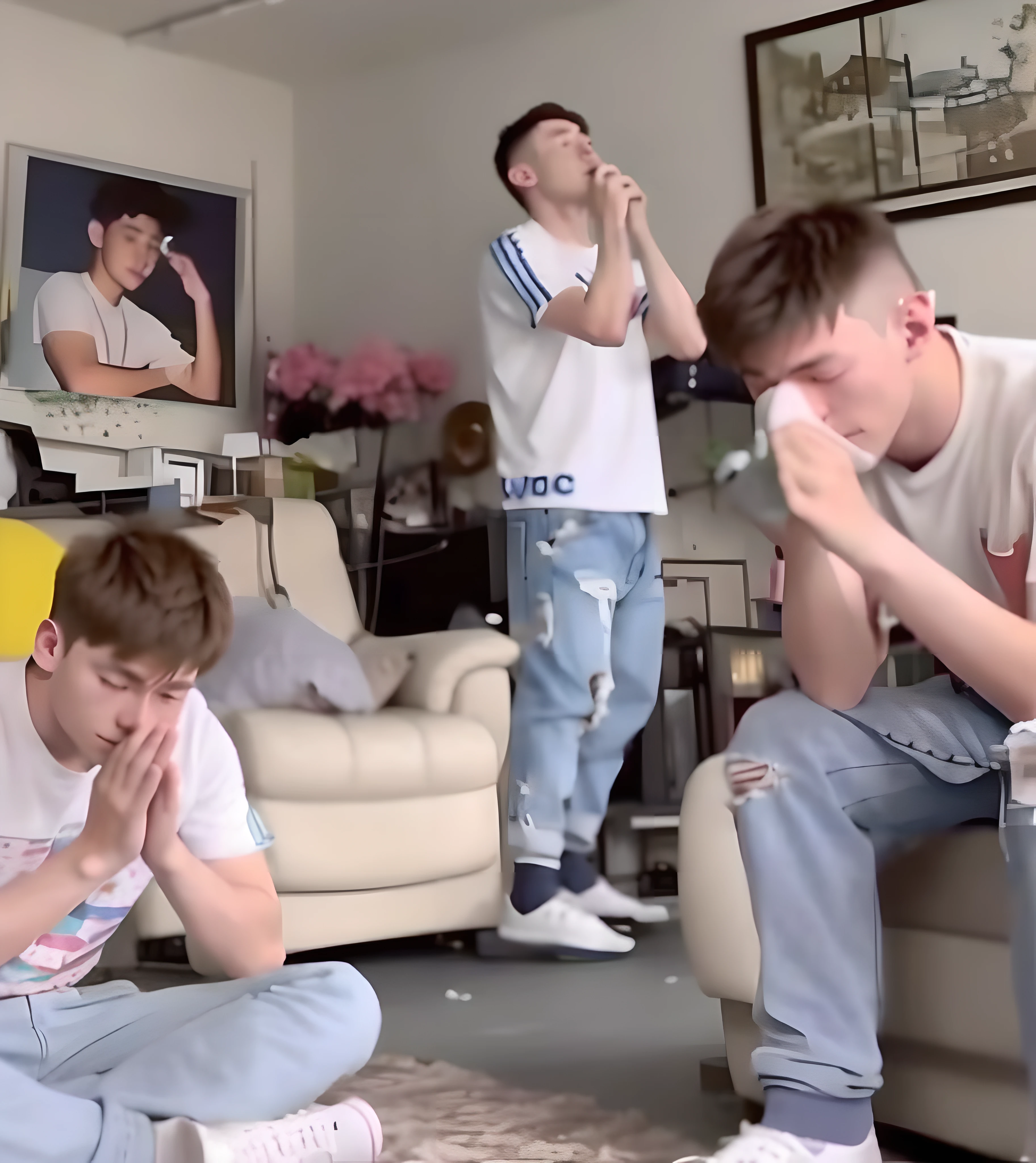 Several young people sat on the floor of the living room, still from a music video, video still, they are crouching, performing a music video, 😭 🤧 💔, Cute boys, 😭 🤮 💕 🎀, poggers, giga chad crying, personal profile picture, taken in 2 0 2 0, desperate pose, music video, looking sad, extremely emotional