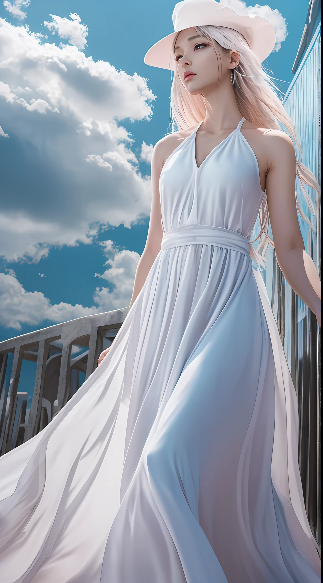 (8k, RAW photo, photorealistic:1.25, Masterpiece), ( lip gloss, eyelashes, glossy side, shiny skin, ultra-high resolution, caustic, wide light, natural shadow, headwear, Kpop idol), light pink and blue style, 1girl, (blue sky: 1.5), tall and thin beauty goddess, flowing dress, cloud goddess, flowing white fabric, Wearing a flowing dress, realistic, (background with blue sky and white clouds: 1.4), (wind: 1.5), (full body: 1.5), add_detail, chromatic aberration, god rays, best quality, 8k, UHD