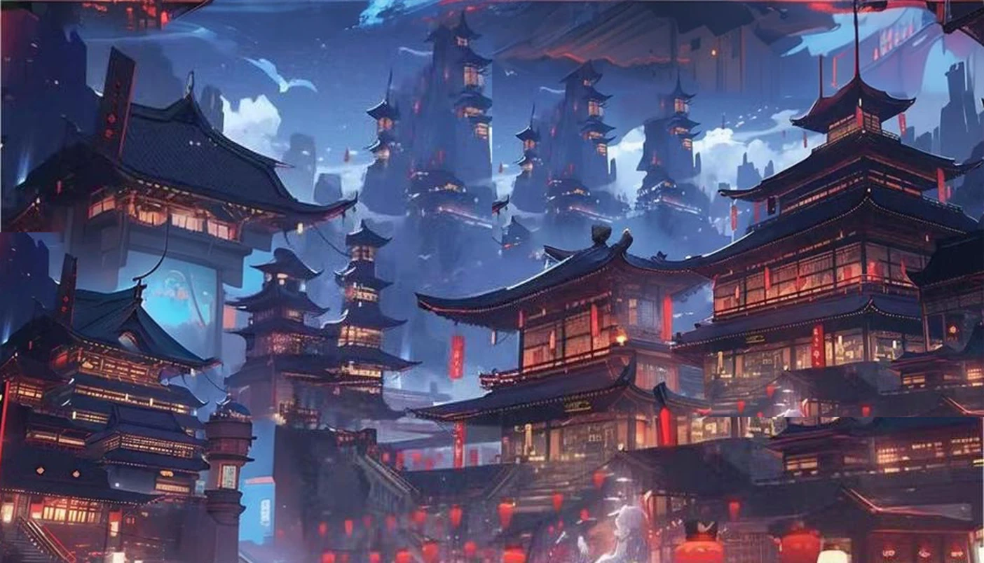A close-up of a city with lots of buildings and lights, cyberpunk chinese ancient castle, dreamy Chinese towns, Keqing from Genshin Impact, Japan city, traditional japanese concept art, dreamland of chinese, Beautiful rendering of the Tang Dynasty, cyberpunk japanese temple, Feng Zhu concept art, concept-art | feng zhu, Chinese fantasy, japanese town