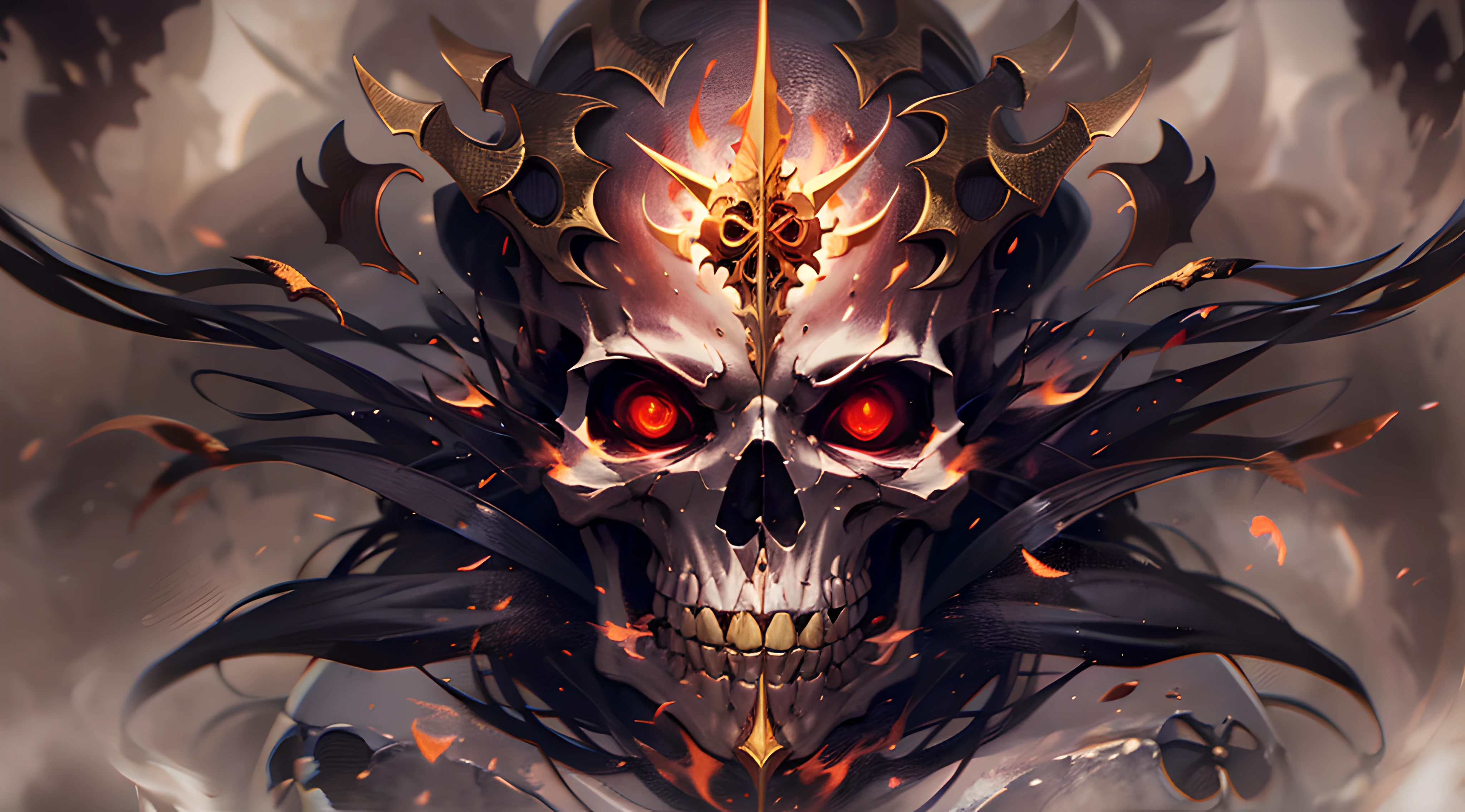 Black smoke skull，The eyes are red flames... high-definition picture quality，24K HD detailed description，Master painting，Exposed teeth，Complete skull，There is golden armor on the head