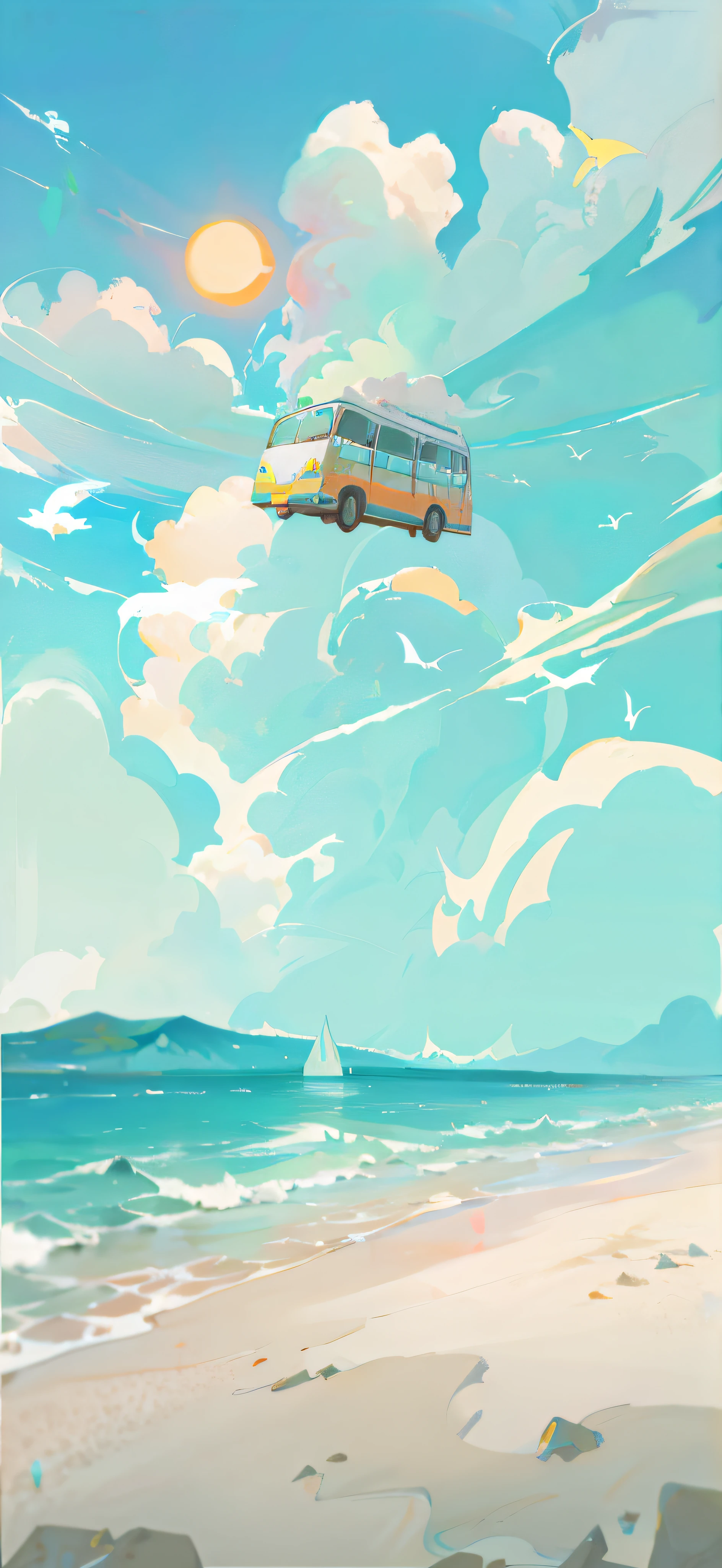 There was a bus flying over the beach, Makoto Shinkai Cyril Rolando, in style of atey ghailan, Inspired by Atey ghailan, atey ghailan 8 k, concept-art | RHADS, Praise Artstyle, by Atey Ghailan, painting illustration, RHADS!!!, Amazing wallpapers, Inspired by RHADS