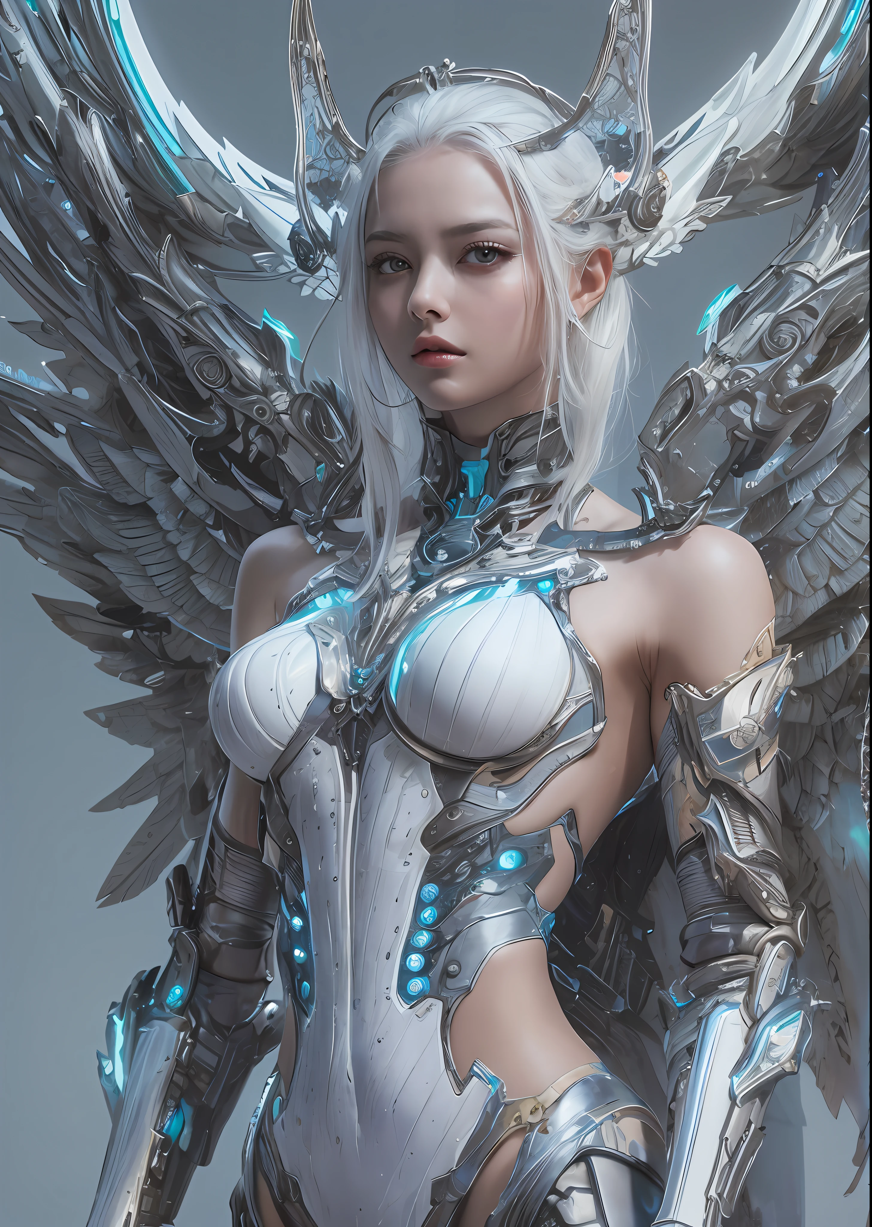 top-quality、masterpiece、超A high resolution、(Photorealsitic:1.4)、Raw photo、Cyborg Angel、large wings made of metal、White porcelain body、white hair、glowy skin、1 Cyborg Girl、((super realistic details))、portlate、globalillumination、Shadow、octan render、8K、ultrasharp、character edge light,Colossal tits、Raw skin is exposed in cleavage、Details of complex ornaments、Detailed Hydraulic Cylinder in Sumer、Small LED lamp、highly intricate detail、Realistic light、a purple eye、radiant eyes、Facing the camera、neon details、cowboy shot、Futuristic headgear、About Cyberpunk、、