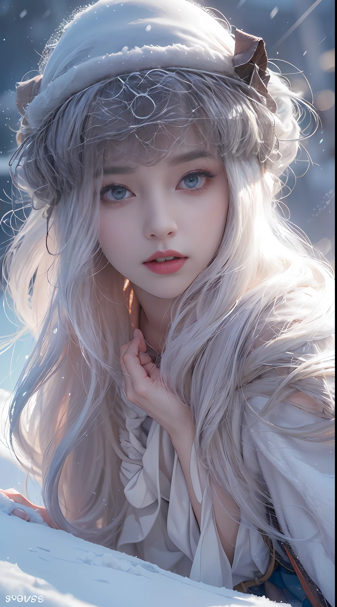 (8K, RAW photo, Photorealistic:1.4), high resolution, 1 Women, Solo,3D, Hips up,(Lolita costume),Wear a flowing skirt, Beautiful eyes, White hair, ringed eyes, (sitted,Cloak,Heavy snow),snowfield,(full bodyesbian:1.5)