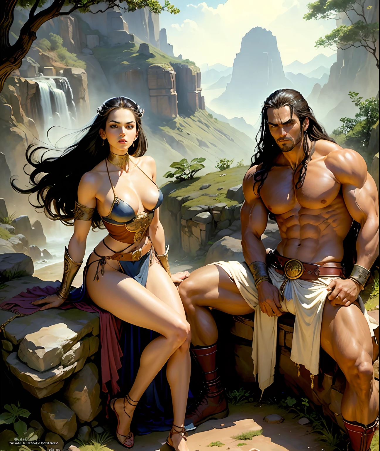 Couple, Woman, Barbara Mori, beautiful, braided hair, natural breasts, wide hips, completely naked, breasts visible, bush visible, bare feet, sitting on the ground, in a cave, full body, trees and mountains in background , front view, and, Man, Conan the barbarian, handsome, robust, sinewy muscles, standing behind, wearing loin cloth, thick belt, sword, shoes, realistic, light effects, by Boris Vallejo, Frank frazetta, Louis royo