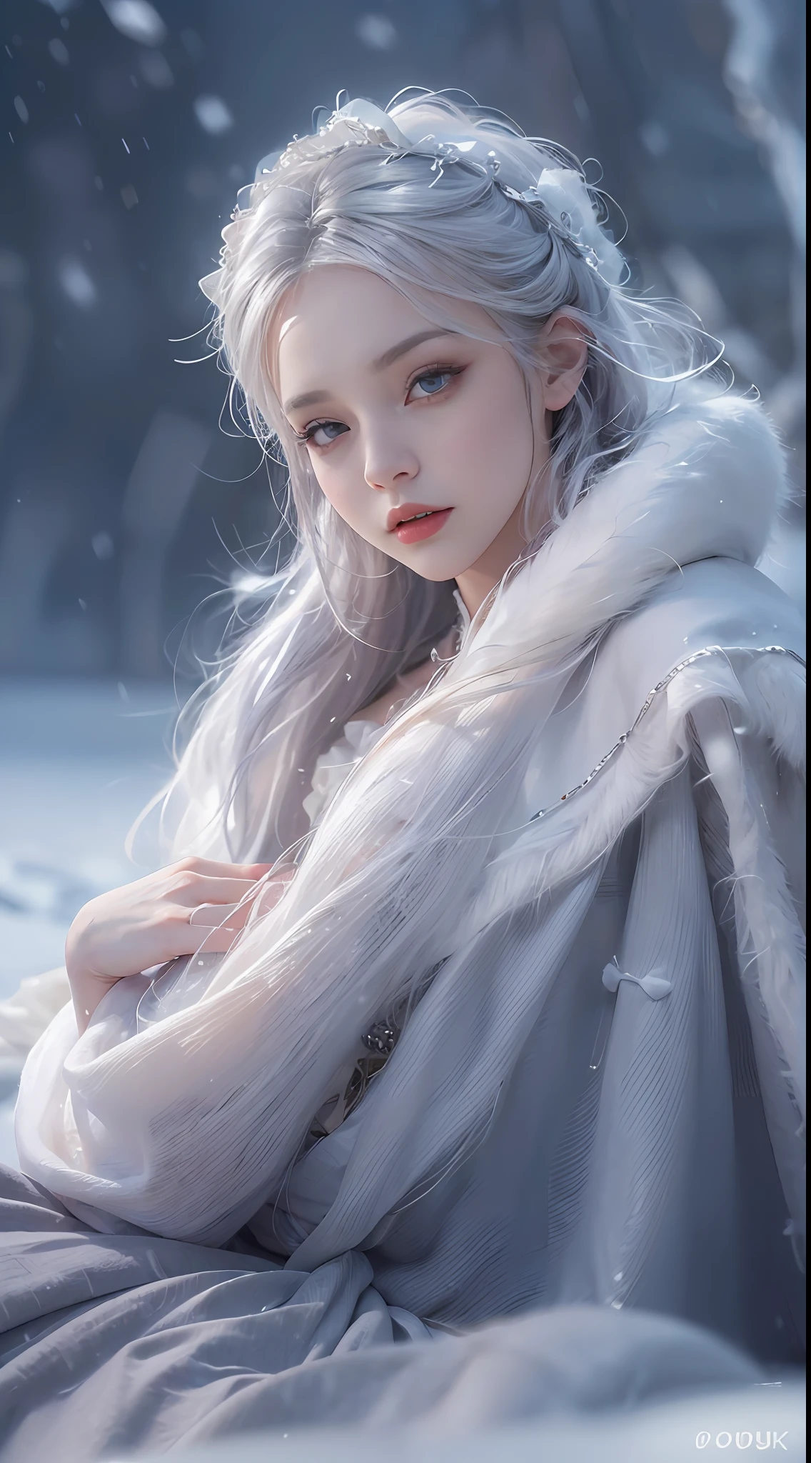 (8K, RAW photo, Photorealistic:1.4)， high resolution, 1 Women, Solo,3D， Hips up,(Lolita costume)，Wear a flowing skirt， Beautiful eyes, White hair, ringed eyes, (sitted，Cloak，Heavy snow)，snowfield，(full bodyesbian:1.5)