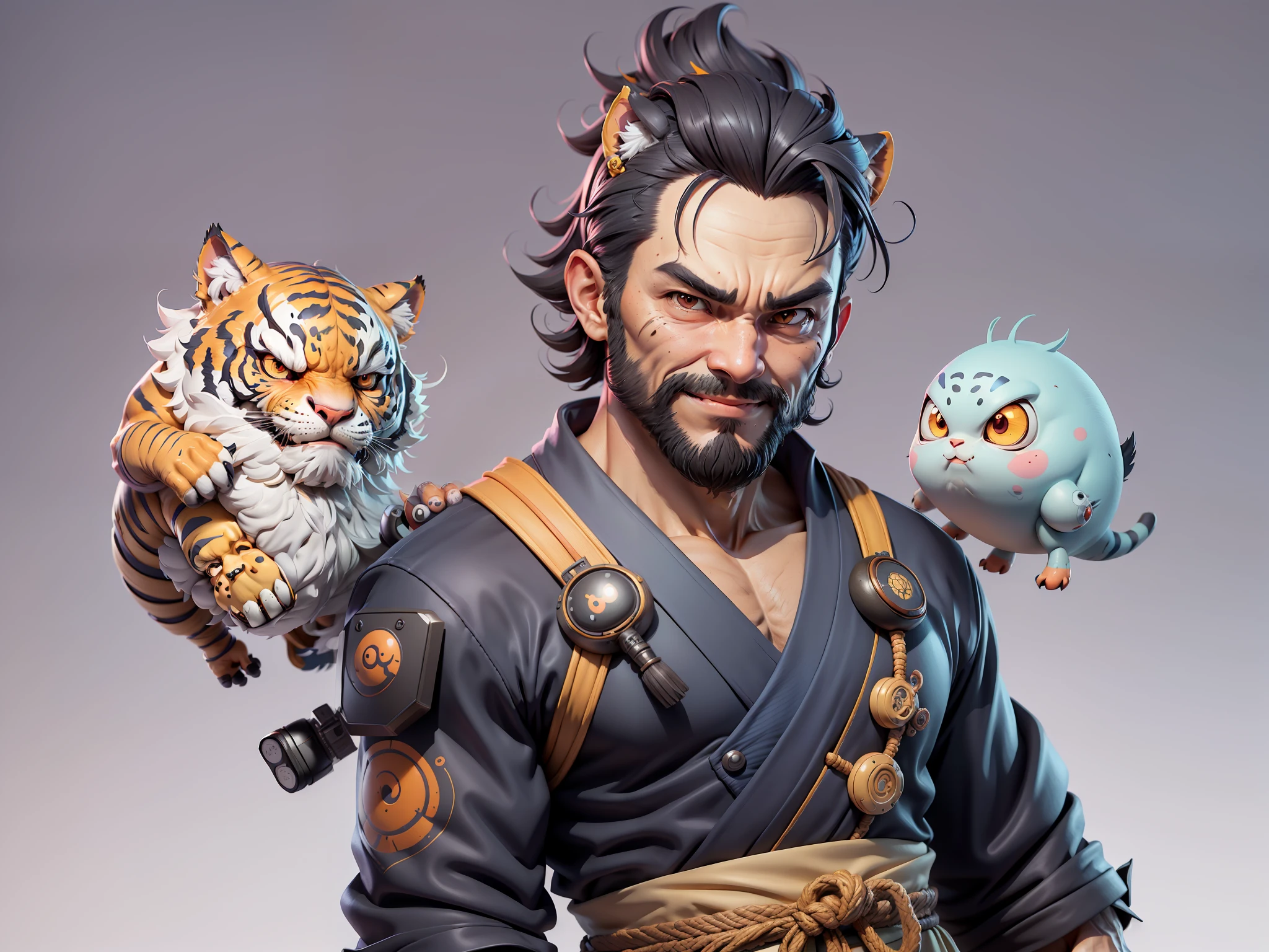 (Daisaku),(Need),(Super meticulous),(full bodyesbian:1.2),Super young man with Japanese geisha，Beautiful，orient，one tiger，Aeolian Thor，Raised sexy，爆乳，Oriental face，TV Anchor，Bust portrait illustration，In black suit，a blue tie，The face is slightly chubby，The face was clean，without a beard，Black super short hair，Black eyes，Smile confidently，3C computer sub-products，iPad， iphone，Digital painting，3D character design by Mark Clairen and Pixar and Hayao Miyazaki and Akira Toriyama，The illustration is a high-definition illustration in 4K resolution，With very detailed facial features and cartoon-style visuals。