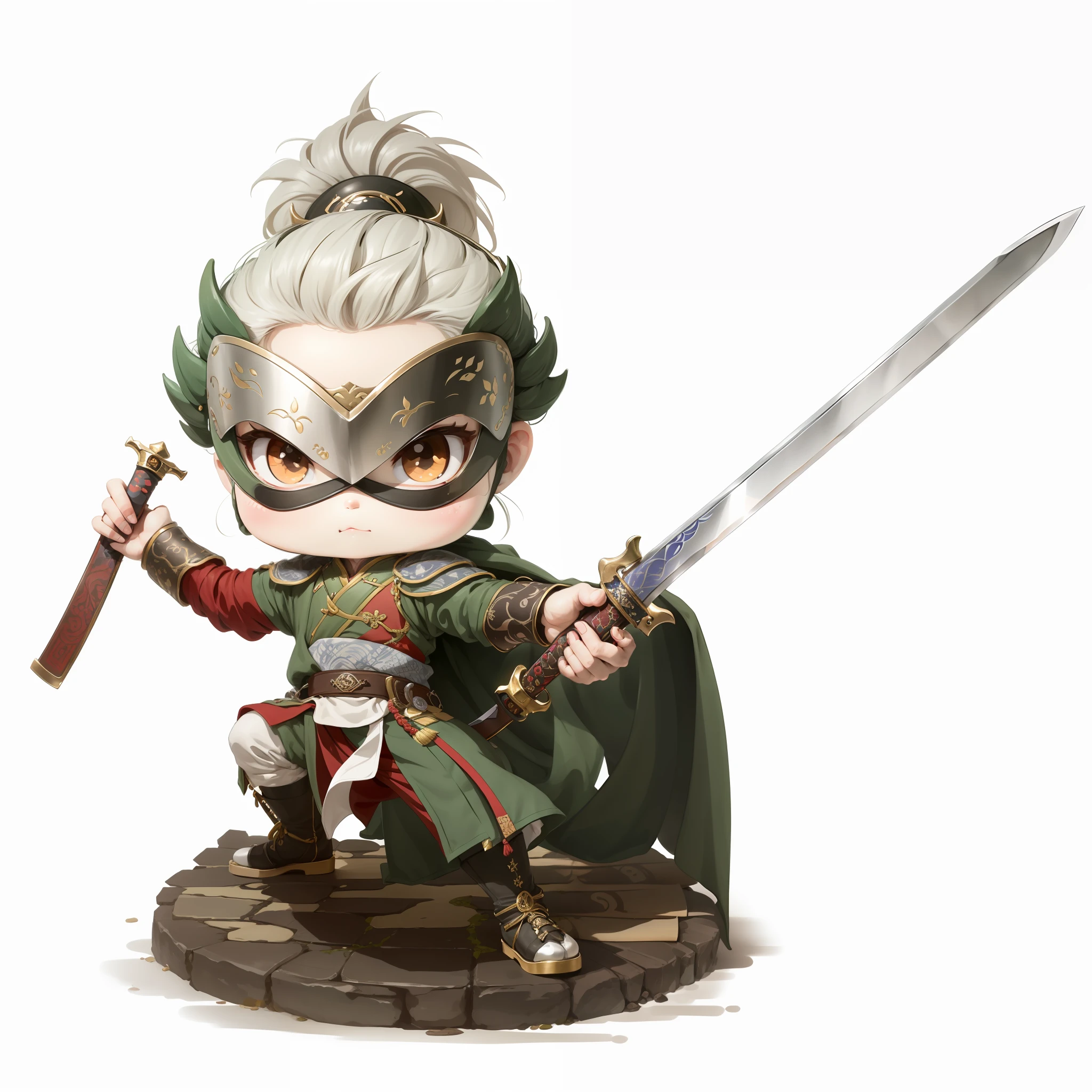 Chibi anime characters，The sword，sword sheath，China-style，Chinese-style clothing，Chinese style shoes，There is a beautiful pattern on the scabbard，Refinement，Fine painting，Refinement，infinite details，high definition detail，Delicate belt，Belt accessories，Male characters，Blindfolds，sideface，swordsman，dark colored hair，Patterned，Pattern，Blank background，Bright colors，Metal edging