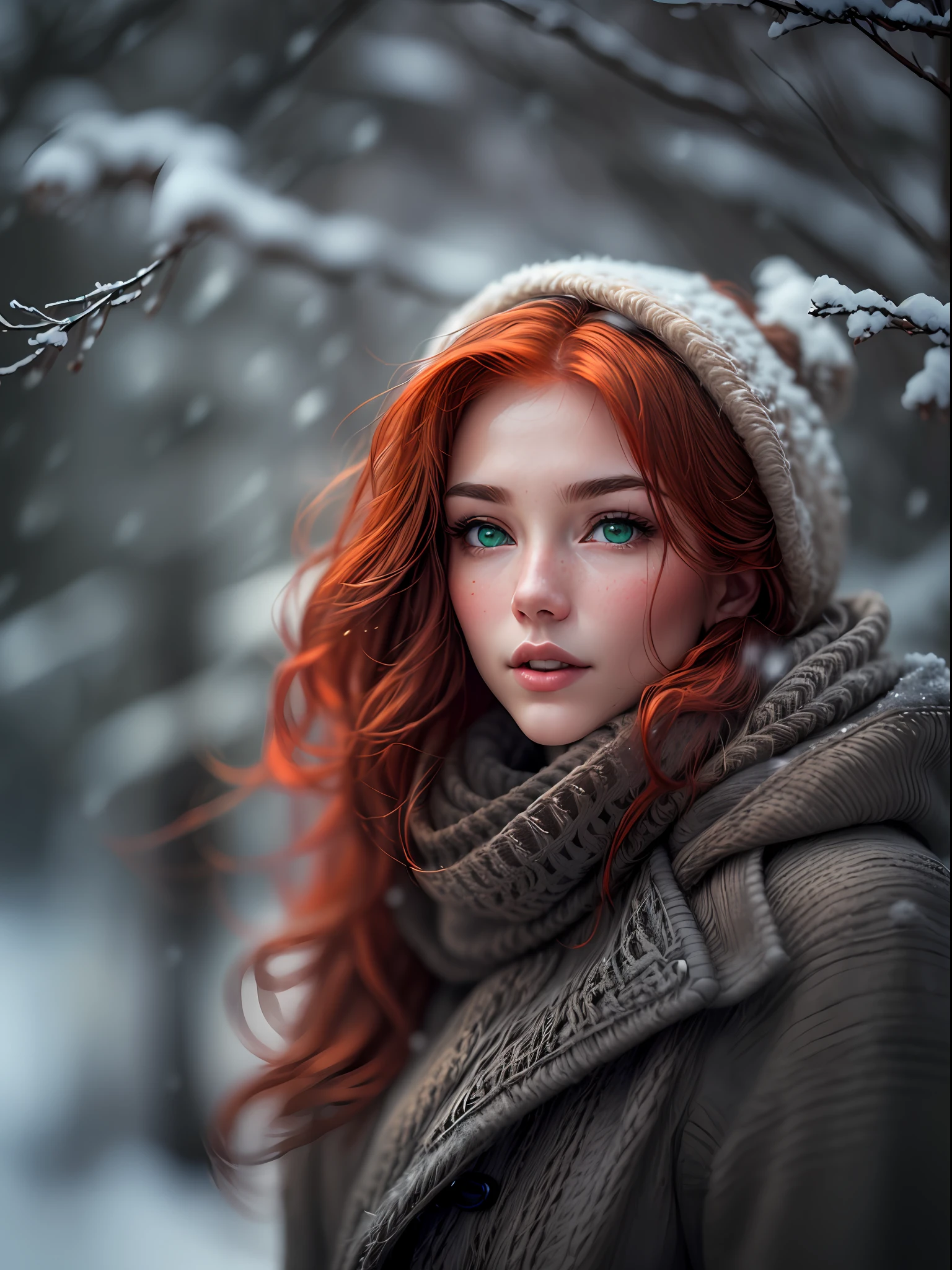 (masterpiece, high resolution, photo-realistic:1.3), (portrait of a slender and perfectly proportioned redhead in the snow:1.2), (her captivating green eyes gleaming with wonder:1.2), (rosy cheeks from the cold winter air:1.1), (eyebrows matching the color of her hair:1.1), (flawless facial features:1.1), (dressed in specially insulated winter clothing:1.1), (Sony Alpha 1 camera, perfect for capturing stunning details in challenging environments:1.2), (paired with the Sony FE 70-200mm f/2.8 G Master lens:1.2), (standing amidst a forest with bare trees:1.1), (snow gently falling around her:1.1), (a serene winter wonderland setting:1.1), (the camera and lens combination ensuring sharpness and clarity in the portrait:1.1), (her fiery red hair contrasting beautifully with the snowy landscape:1.1), (her eyes reflecting the magic of the winter scene:1.1), (the warmth and coziness of her winter attire:1.1), (a sense of peace and tranquility captured in the moment:1.1), (the Sony FE 70-200mm f/2.8 G Master lens creating a stunning background bokeh:1.1), (a portrayal of natural beauty in a wintry setting:1.1), (the model's radiance shining through even in the cold:1.1), (an image that embraces the beauty of the changing seasons:1.1), (the camera's high-speed capabilities capturing the falling snow:1.1), (the enchanting atmosphere of the winter forest:1.1), (a timeless portrait of a redhead in the snow:1.1).