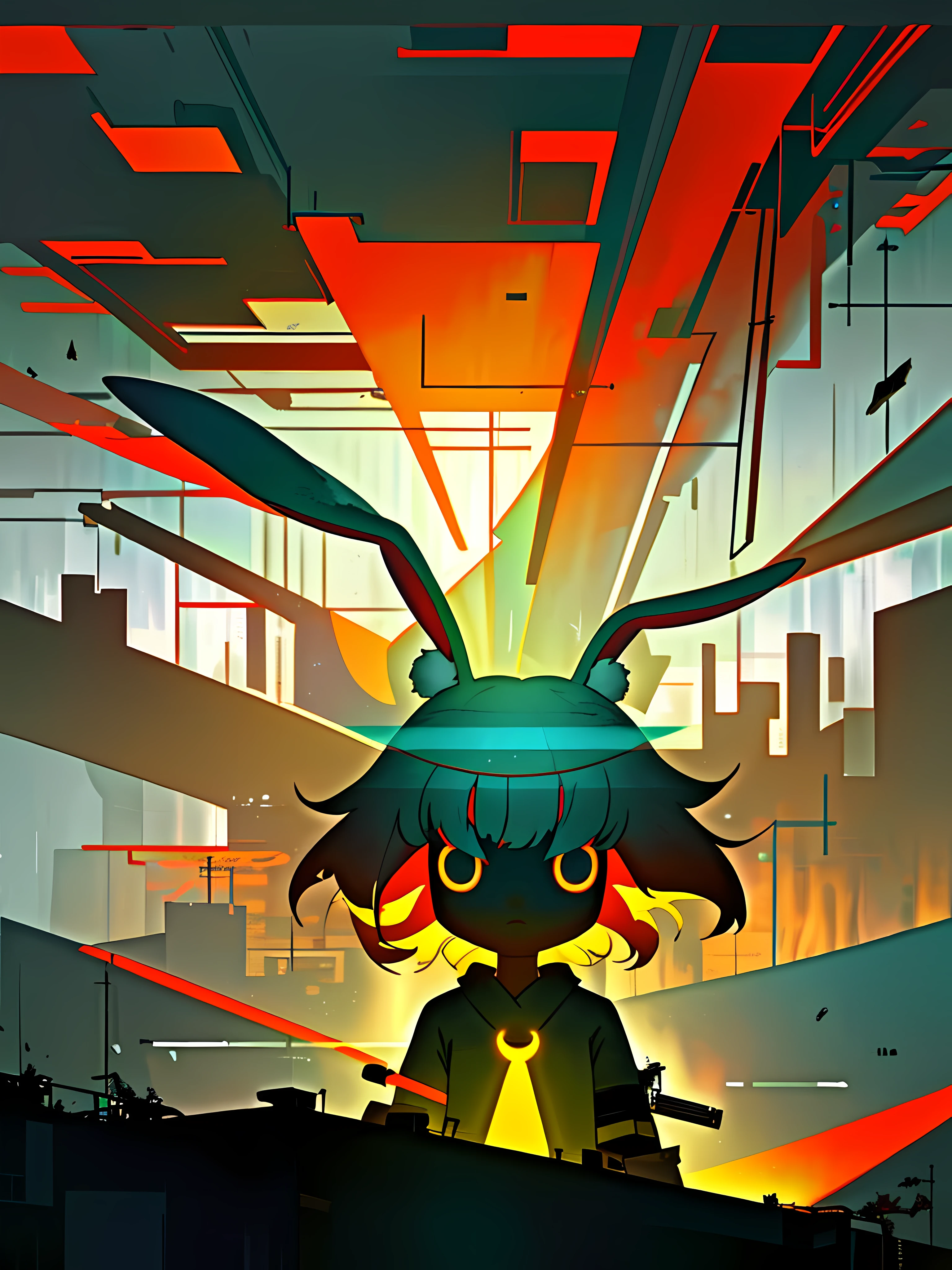 (blame! style abandoned tech landscape), (Zen, Amy Sol style), (underground, dark, foggy, perilous, abandoned dystopian apartment bedroom, deep windows), (abstract anthro rabbit figure wearing bunny ears), cover art with light abstraction, abstract, simple vector art, contemporary Cybernetic art, color gradients, soft color palettes, layered forms, whimsical animation, style Ethereal abstract, 4K, --v6