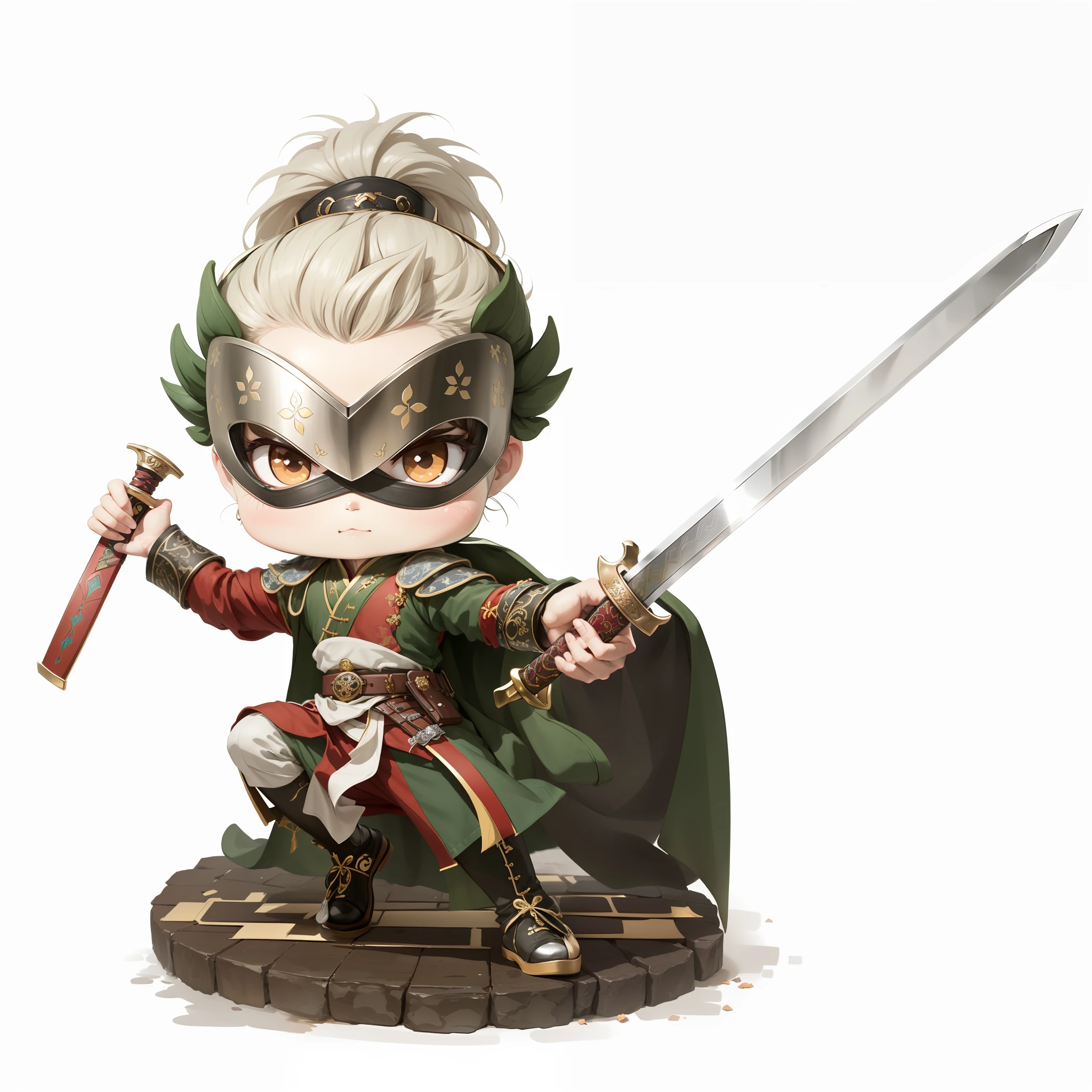 Chibi anime characters,The sword,sword sheath,China-style,Chinese-style clothing,Chinese style shoes,There is a beautiful pattern on the scabbard,Refinement,Fine painting,Refinement,infinite details,high definition detail,Delicate belt,Belt accessories,Male characters,Blindfolds,sideface,swordsman,dark colored hair,Patterned,Pattern,Blank background,Bright colors,Metal edging