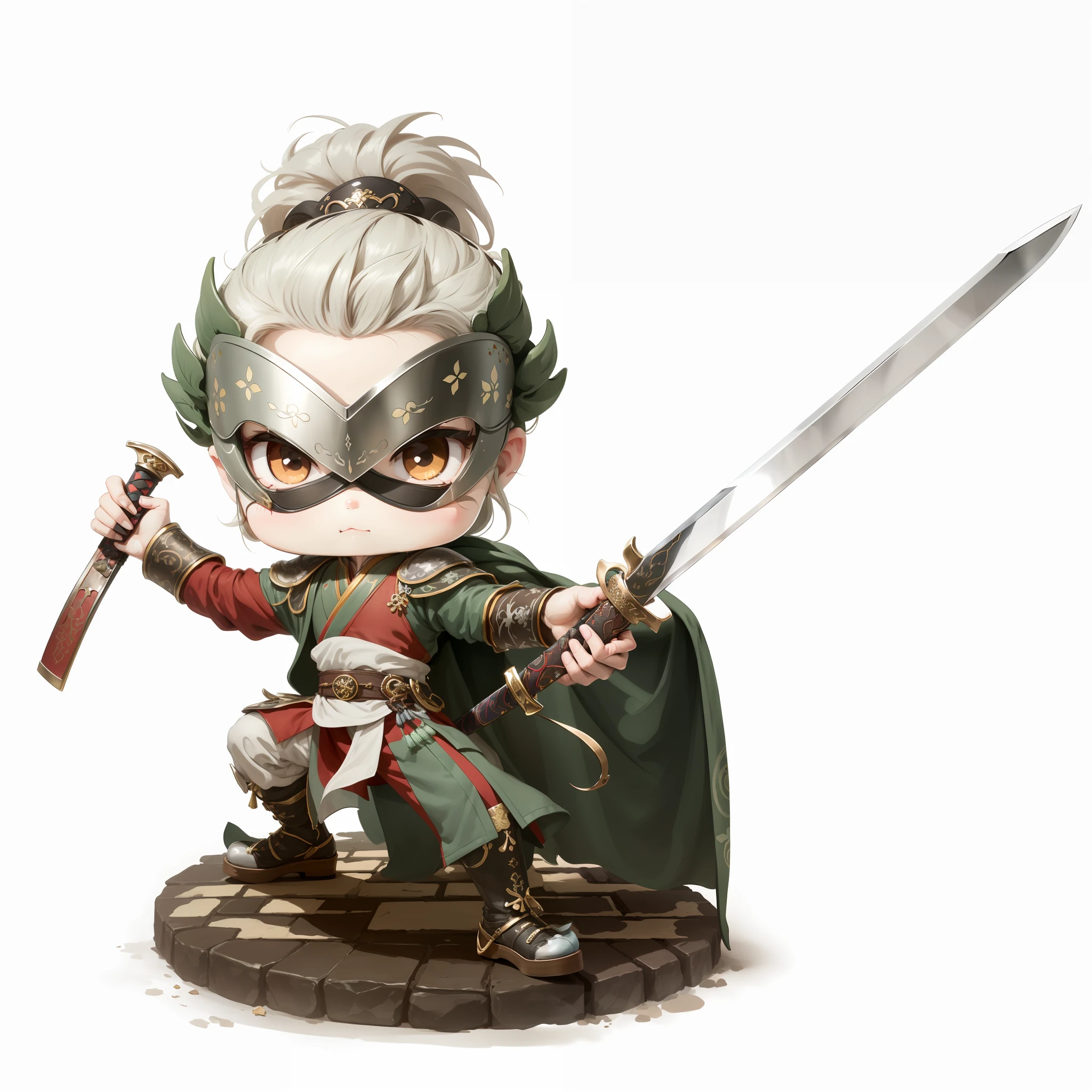 Chibi anime characters,The sword,sword sheath,China-style,Chinese-style clothing,Chinese style shoes,There is a beautiful pattern on the scabbard,Refinement,Fine painting,Refinement,infinite details,high definition detail,Delicate belt,Belt accessories,Male characters,Blindfolds,sideface,swordsman,dark colored hair,Patterned,Pattern,Blank background,Bright colors,Metal edging