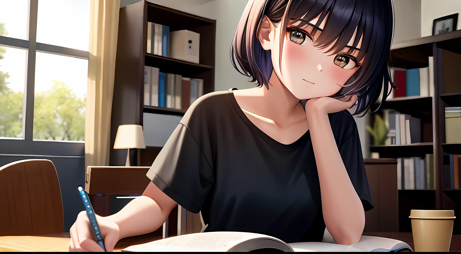masterpiece, top-quality, hight resolution, a 1 girl, Loose T-shirt、 Girl sitting on chair studying drafting at desk、cute little、short-cut、A charming、18year old、Serious approach to study