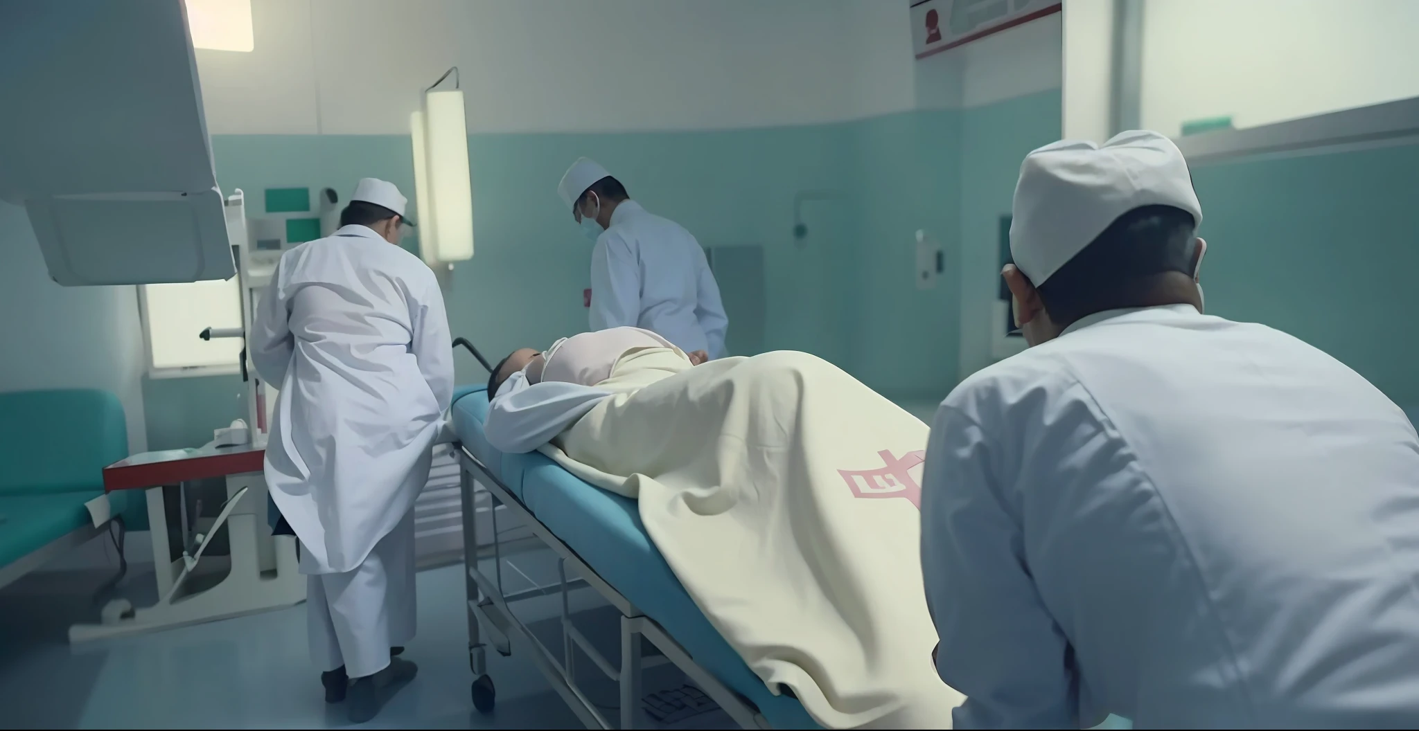 A doctor in a white coat moves a patient on a gurney, screenshots from movies, in hospital bed, still from a music video, Scene from Movie, cinematic Film still from, still from live action movie, in this ominous scene, shot from cinematic, at the hospital in patient gown, chinese surgery operating table, live-action movie scenes