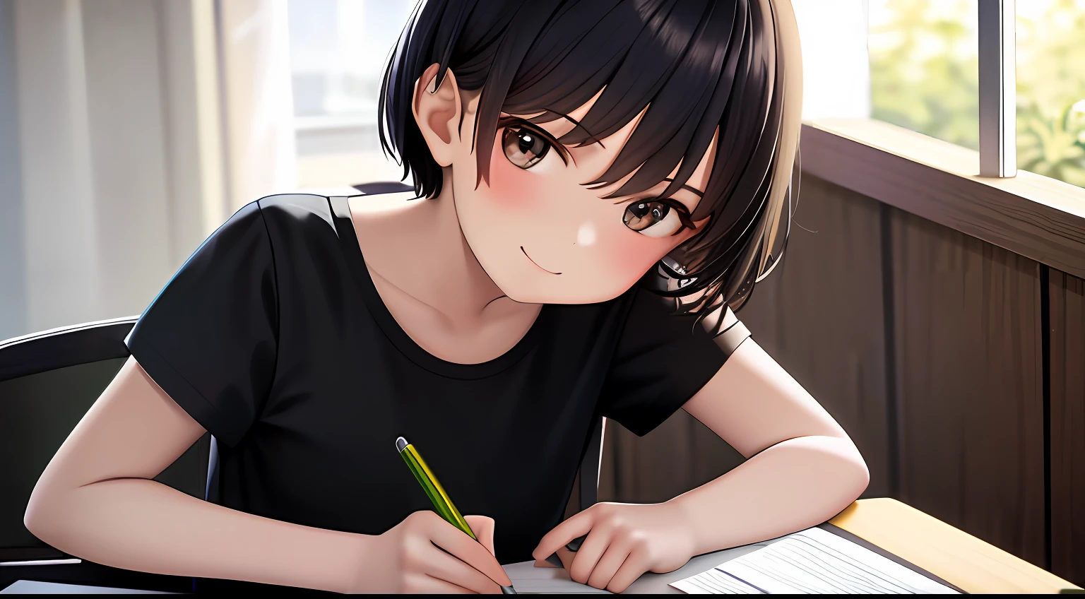 masterpiece, top-quality, hight resolution, a 1 girl, Loose T-shirt、 Girl sitting on chair studying drafting at desk、cute little、short-cut、A charming、18year old、Serious approach to study、a smile