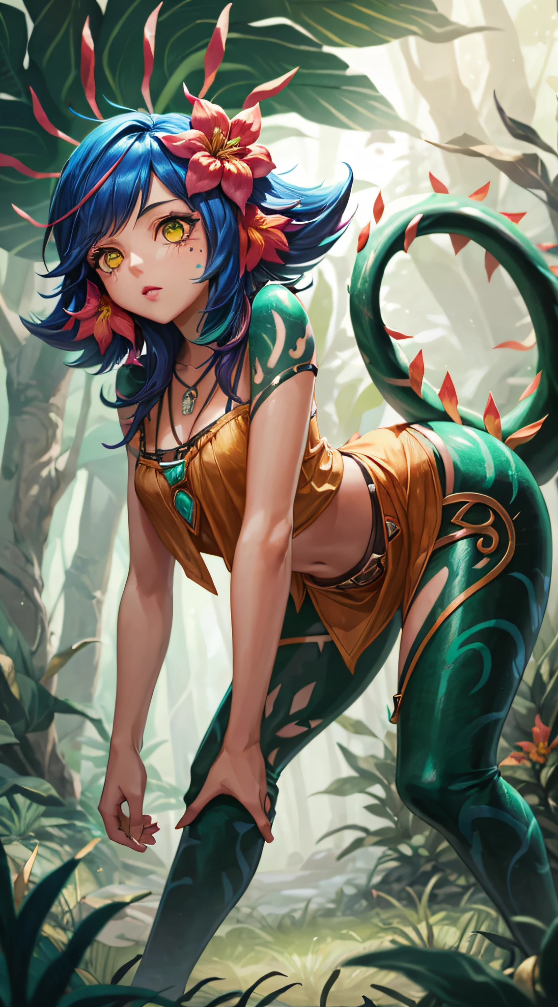 Best quality, Intricate details, 1girll,Nico，league of legend，Bend over，watchfulness， facial marks, hair adornments, hair flower, necklace, shorter pants, Crop topping,(Green lizard tail), ln the forest, jungles, the rainforest, a plant, Green trees