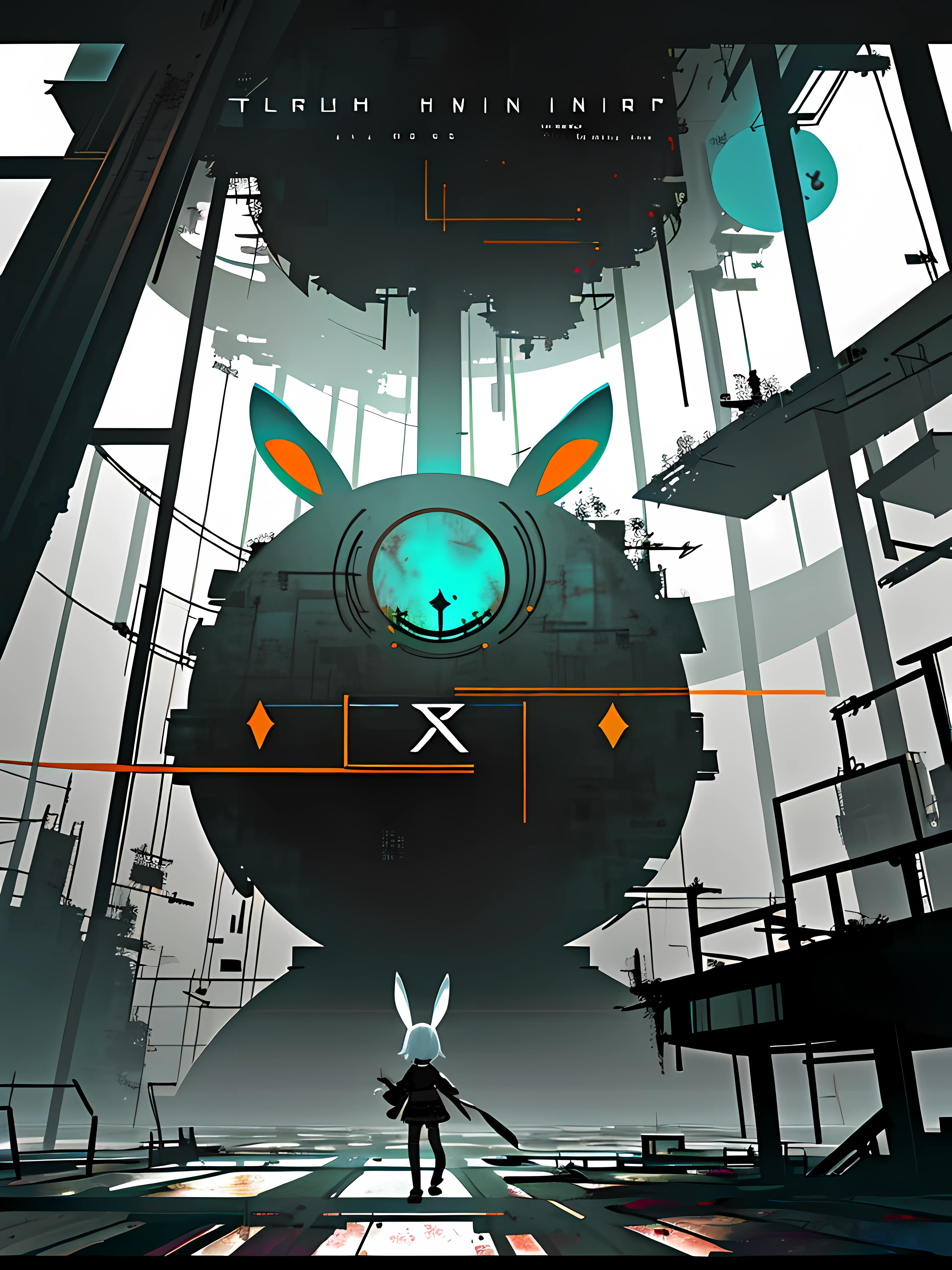 (blame! style abandoned tech landscape), (Zen, Amy Sol style), (underground, dark, foggy, perilous, abandoned dystopian apartment bedroom, deep windows), (abstract anthro rabbit figure wearing bunny ears), cover art with light abstraction, abstract, simple vector art, contemporary Cybernetic art, color gradients, soft color palettes, layered forms, whimsical animation, style Ethereal abstract, 4K, --v6