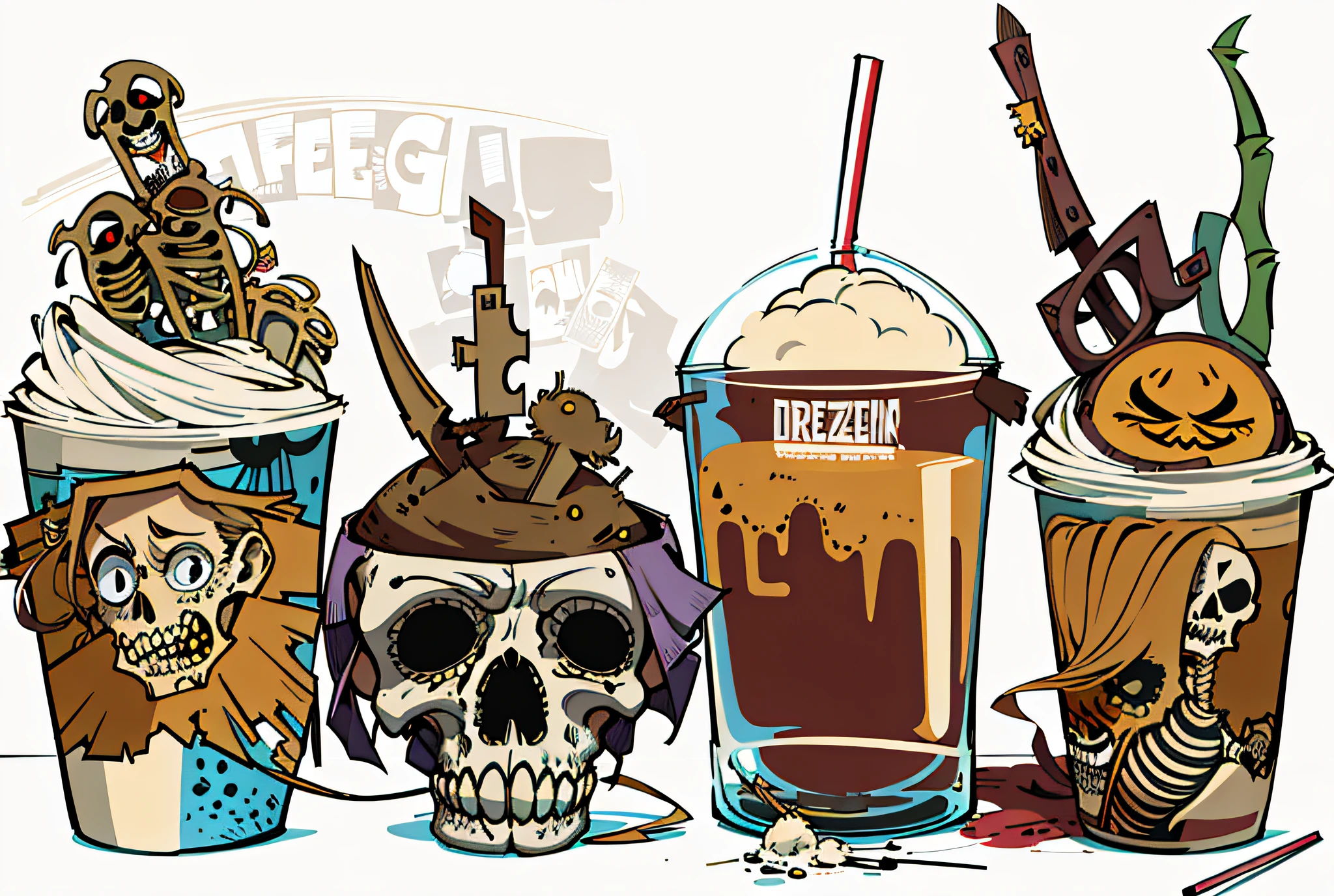 Close-up of a set of drinks with skeletons, Zombie drinking coffee sign, Zombie coffee logo, faces of too much caffeine, All skeletons, The Cup of Death, full color digital illustration, nightmare fuel!!!, lowbrow art style, skulls and skeletons, cartoon brew, dark but detailed digital art, nightmare fuel, style of greg simkins, drinks