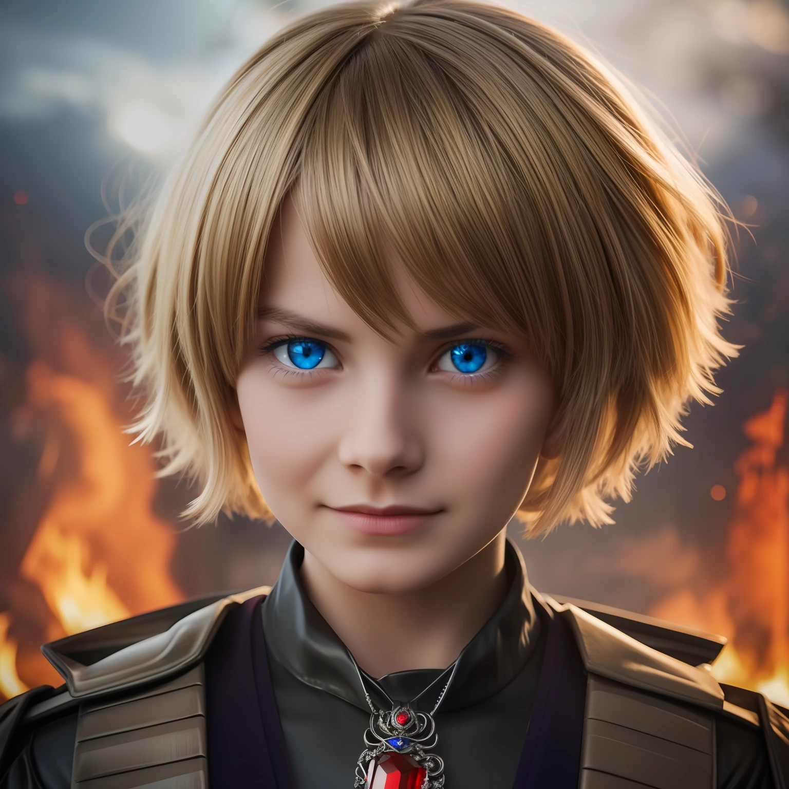 blue eyes, red crystal pendant