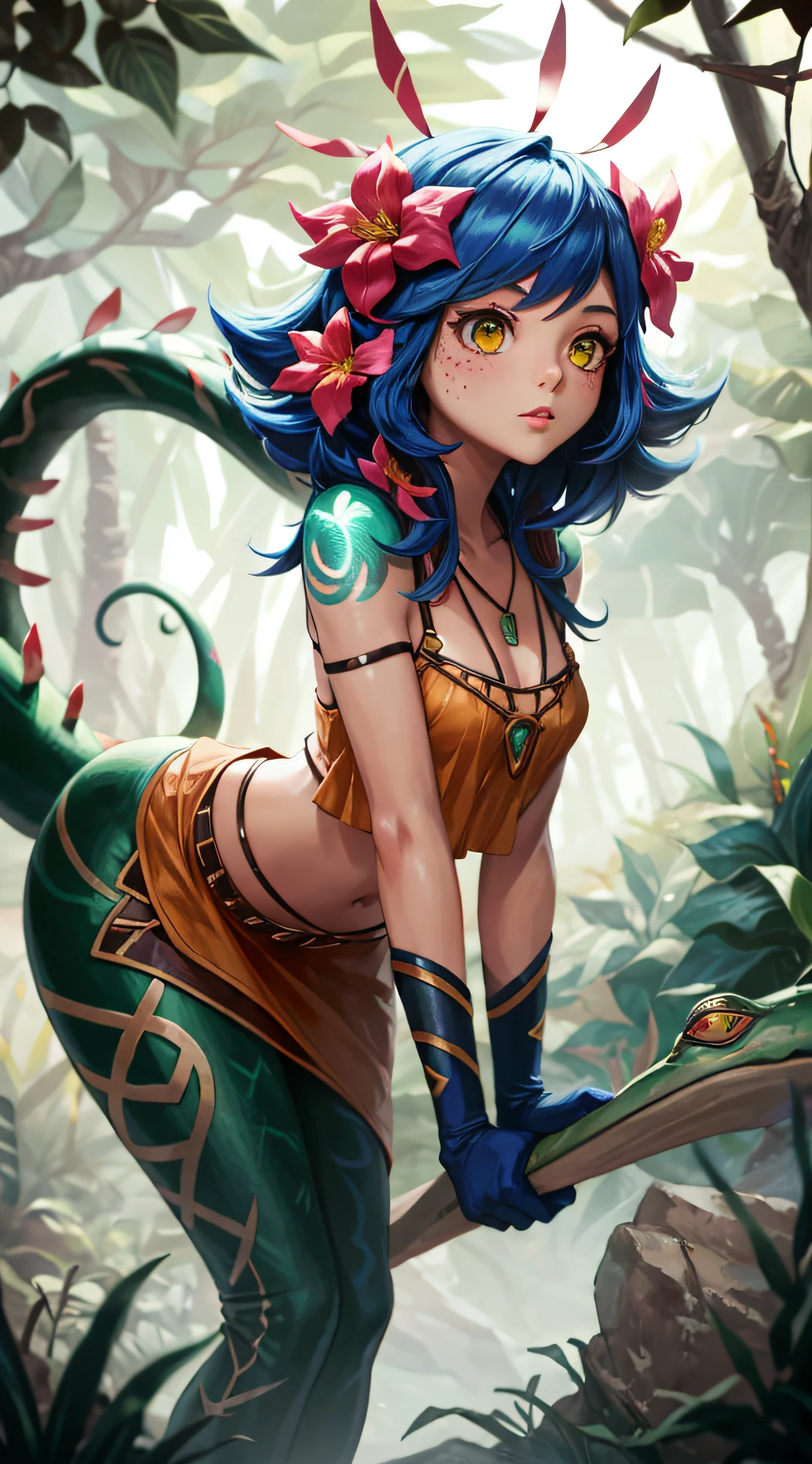 Best quality, Intricate details, 1girll,Nico，league of legend，Bend over，watchfulness， facial marks, hair adornments, hair flower, necklace, shorter pants, Crop topping,(Green lizard tail), ln the forest, jungles, the rainforest, a plant, Green trees