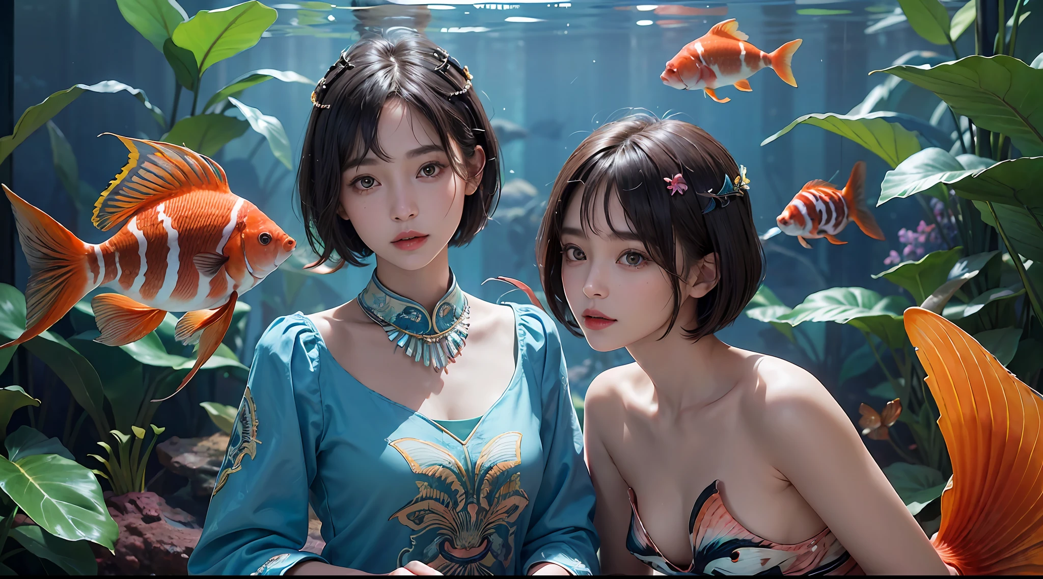 (((30-year-old woman with)))、((aquariums))、​masterpiece, 1 beautiful girls, (((very_Short_hair))), Eye details, Swollen eyes, Top image quality, 超A high resolution, (Realistis: 1.4), OriginalPhotographs, 1girl in, Cinematographic lighting, japanes, very beautif, Beautiful skins, (A hyper-realistic), (hight resolution), (8 K), (ighly detailed), (The best illustrations), (beautifully detailed eyes), (ultra-detailliert), A detailed face, look at a camera, Facing straight ahead, Neat Clothing, shorth hair、A dark-haired、46-point diagonal bangs、((aquariums))、Lots of fish、(((tropical fish)))