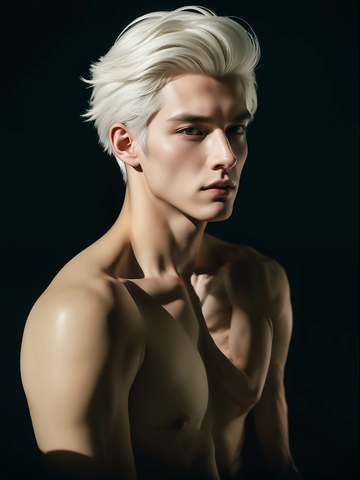 Portrait photo of young and handsome man , 20 years old , white hair , wearing nothing, artistic portrait , sexy posing , dark light , art , cinematic elegance, elegantly formal