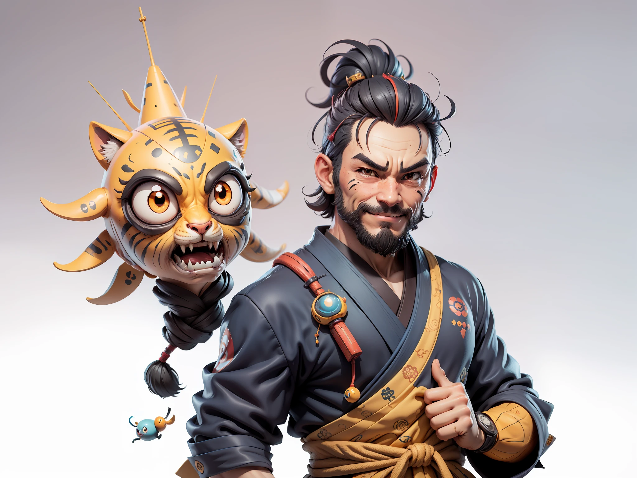 (Daisaku),(Need),(Super meticulous),(full bodyesbian:1.2),Super young man with Japanese geisha,Beautiful,orient,one tiger,Aeolian Thor,Raised sexy,爆乳,Oriental face,TV Anchor,Bust portrait illustration,In black suit,a blue tie,The face is slightly chubby,The face was clean,without a beard,Black super short hair,Black eyes,Smile confidently,3C computer sub-products,iPad, iphone,Digital painting,3D character design by Mark Clairen and Pixar and Hayao Miyazaki and Akira Toriyama,The illustration is a high-definition illustration in 4K resolution,With very detailed facial features and cartoon-style visuals。
