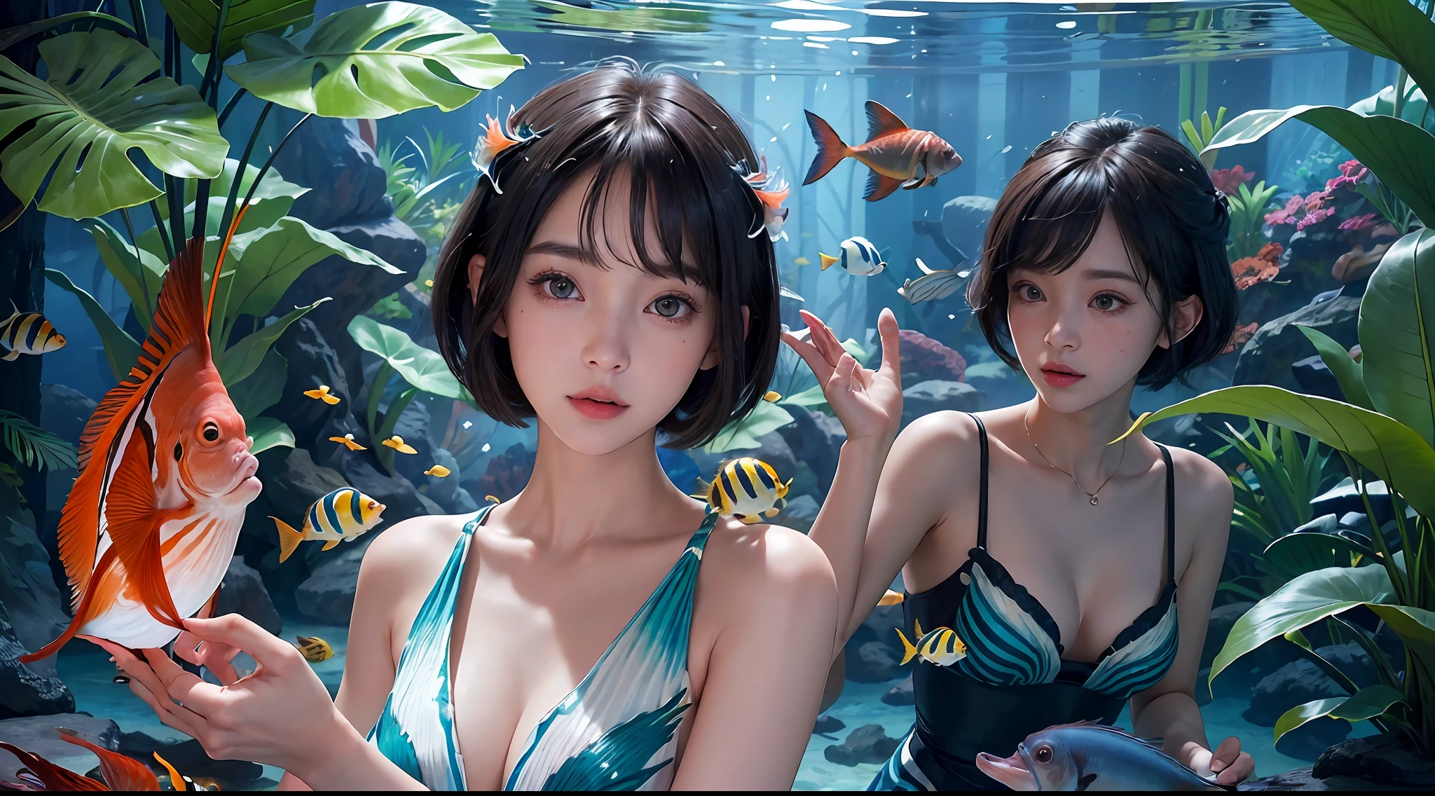 (((30-year-old woman with)))、((aquariums))、​masterpiece, 1 beautiful girls, (((very_Short_hair))), Eye details, Swollen eyes, Top image quality, 超A high resolution, (Realistis: 1.4), OriginalPhotographs, 1girl in, Cinematographic lighting, japanes, very beautif, Beautiful skins, (A hyper-realistic), (hight resolution), (8 K), (ighly detailed), (The best illustrations), (beautifully detailed eyes), (ultra-detailliert), A detailed face, look at a camera, Facing straight ahead, Neat Clothing, shorth hair、A dark-haired、46-point diagonal bangs、((aquariums))、Lots of fish、(((tropical fish)))