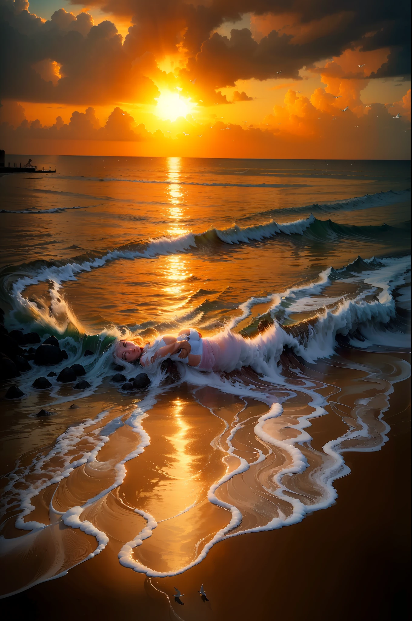 An absolutely mesmerizing sunset over the beach, with a blend of oranges, pinks, and yellows filling the sky. Crystal-clear waters of the sea gently kissing the shore, with sandy white beach stretching far and wide. The scene is dynamic and breathtaking, with seagulls soaring high in the sky and gently swaying palm trees. Take in the calming atmosphere and let the peacefulness wash over you.