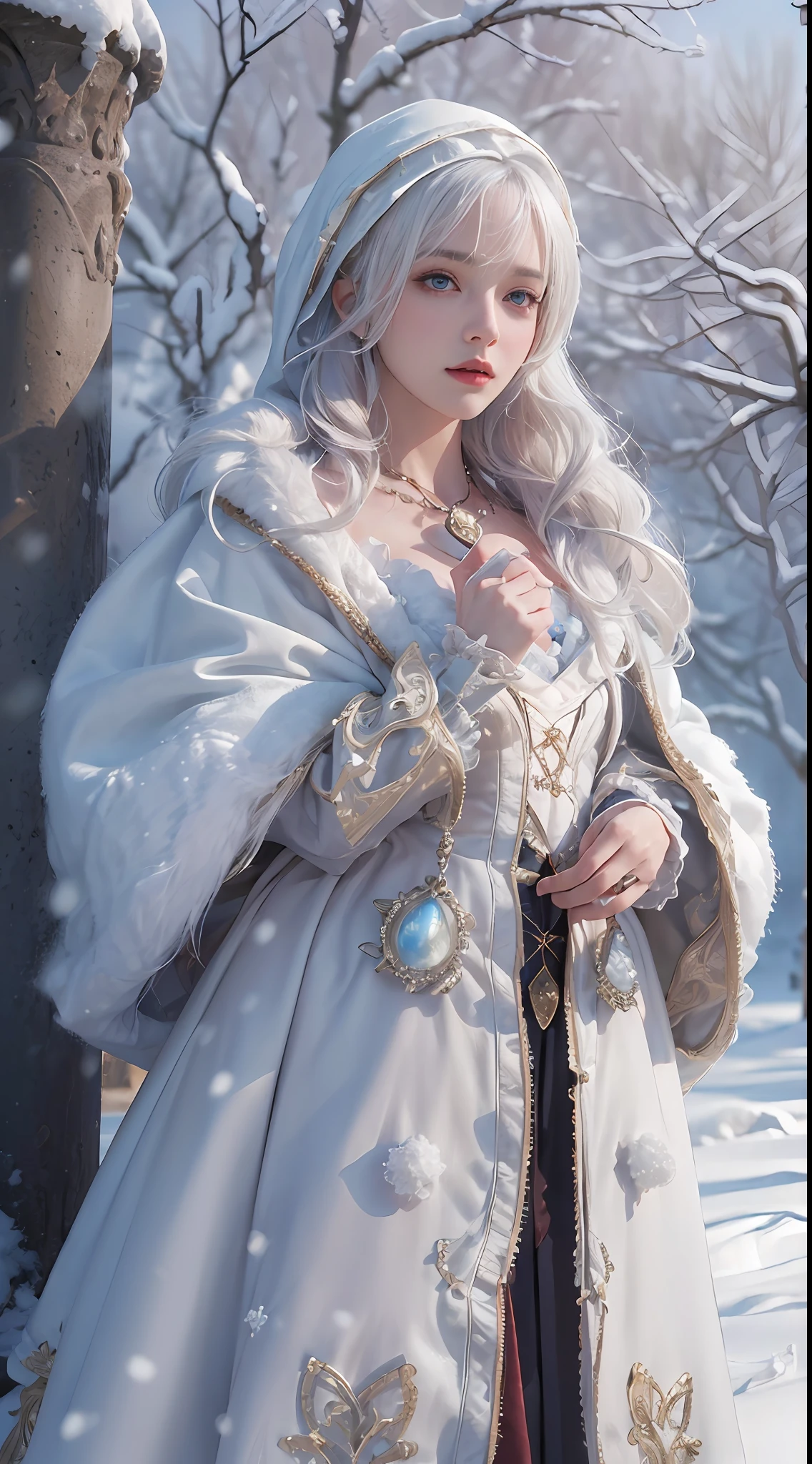 (8K, RAW photo, Photorealistic:1.4)， high resolution, 1 Women, Solo,3D， Hips up,(Lolita costume)，Wear a flowing skirt， Beautiful eyes, White hair, ringed eyes, (sitted，Cloak，Heavy snow)，snowfield，(full bodyesbian:1.5)