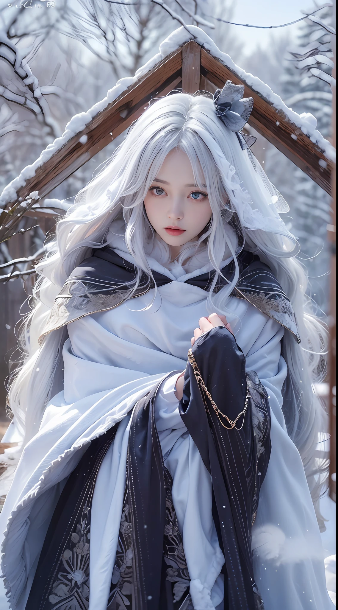 (8K, RAW photo, Photorealistic:1.4), high resolution, 1 Women, Solo,3D,Sitting,(ta costume),Wear a flowing skirt, Beautiful eyes, White hair, ringed eyes, (sitted,Cloak,Heavy snow),snowfield