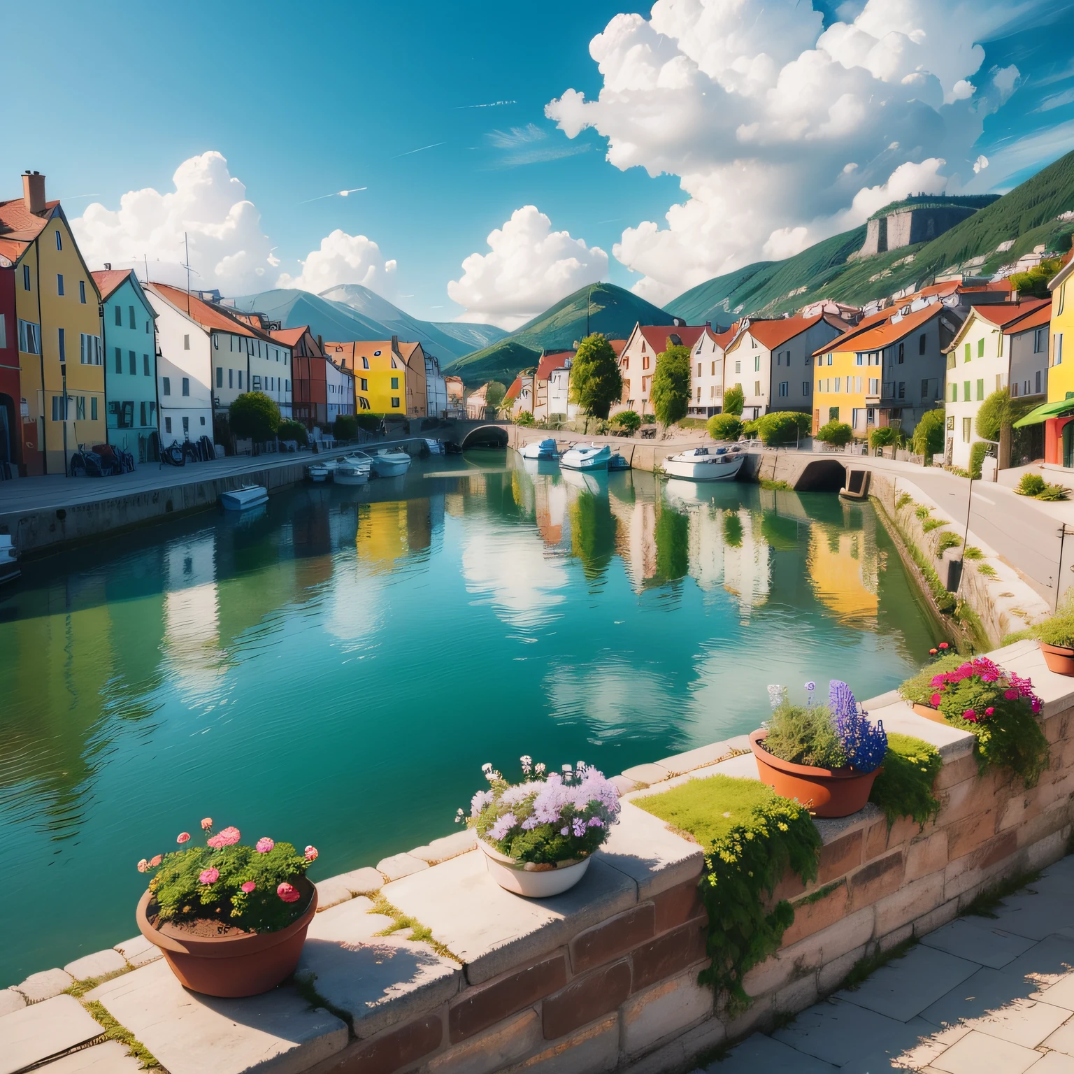 a Van Goph painting of a small colorful Scandinavian Italian town on the ocean
A062