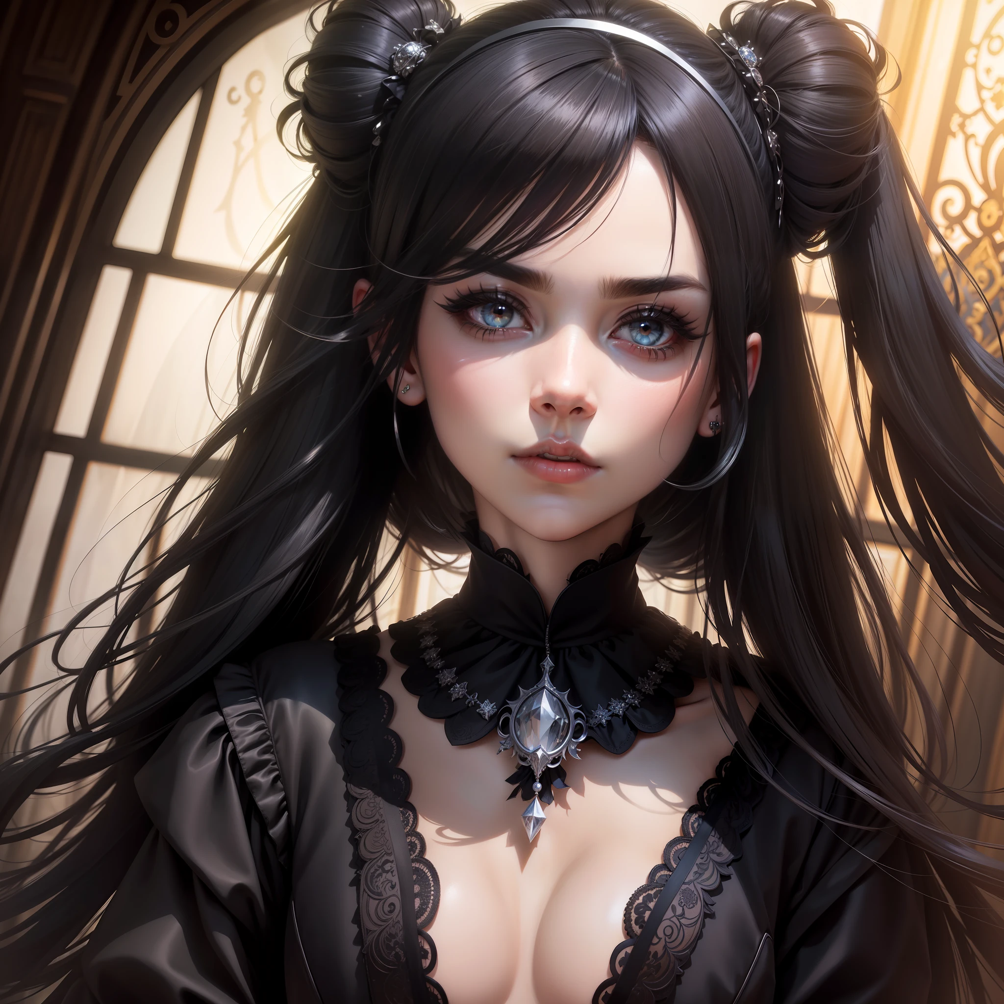 Handsome, Male and female, Handsome, Noble son's, black hair, twintails, side swept bangs, hair two side up, floating hair, big hair, hair over one eye, hair bow, hair bell, black hairband, lolita hairband, mole under eye, mismatched sclera, hollow eyes, eyebrows behind hair, heterochromia, devil eyes, longeyelashes, naughty, high detail, Gothic art, Verism, depth of field, sparkle, god rays, drop shadow, vignetting, outside border, projected inset, from below, high details, best quality, highres, masterpiece, UHD, 8k, 16k, award winning