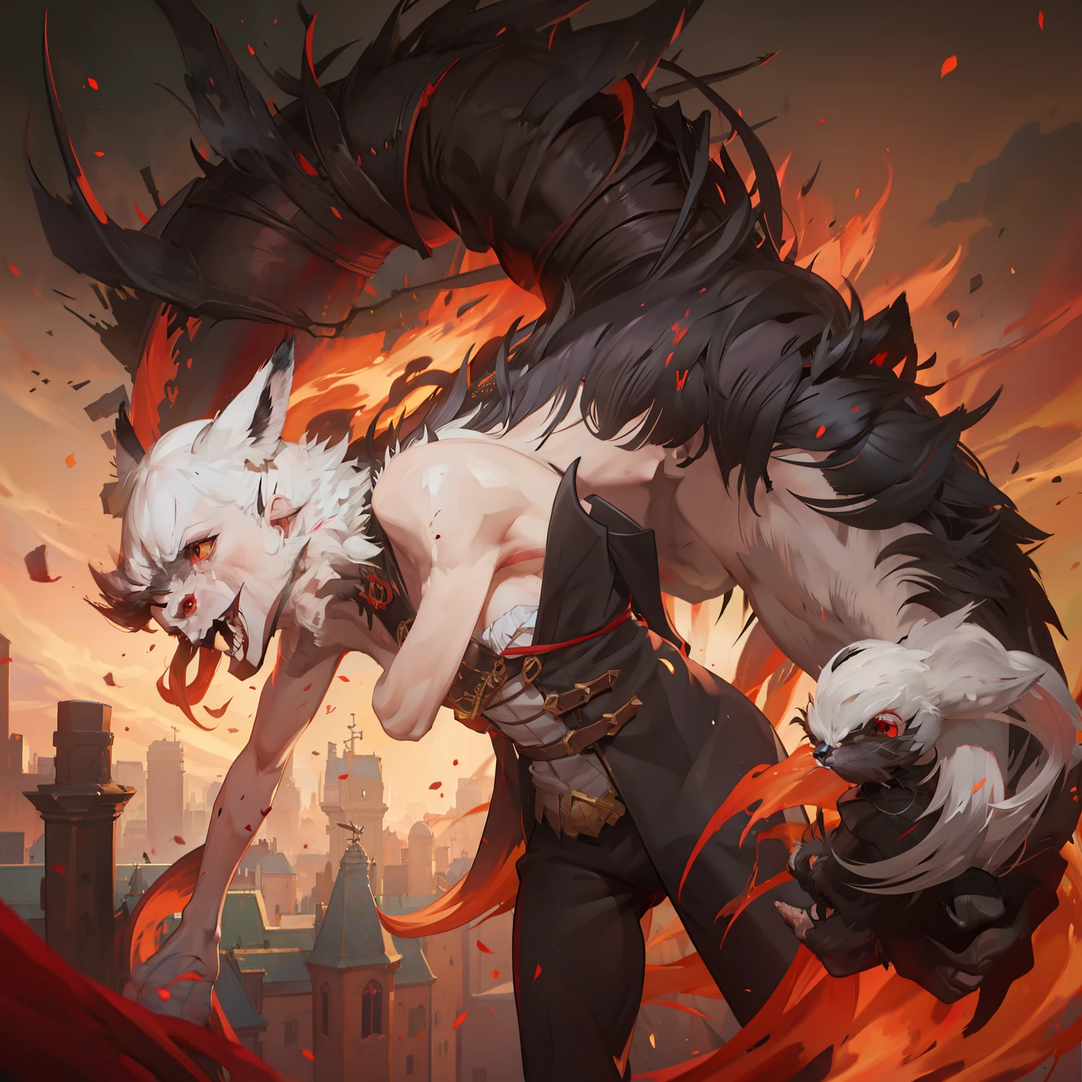enraged lycanthrope, ciudad destruida de fondo, flamas purpuras, ojos rojos, pelo difuminado negro a blanco, ensangrentado, armadura, hombre, obra maestra, pelo corto