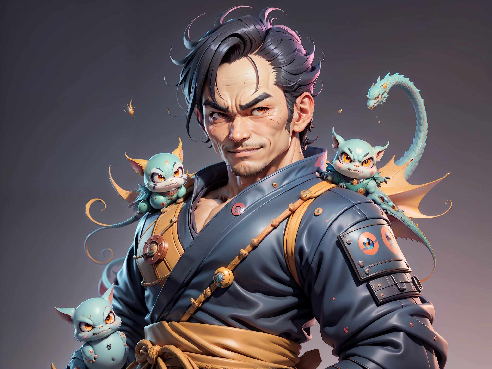 (Daisaku),(Need),(Super meticulous),(full bodyesbian:1.2),Super young man with Japanese geisha,Beautiful,Oriental dragon,Aeolian Thor,Raised sexy,爆乳,Oriental face,TV Anchor,Bust portrait illustration,In black suit,a blue tie,The face is slightly chubby,The face was clean,without a beard,Black super short hair,Black eyes,Smile confidently,3C computer sub-products,iPad, iphone,Digital painting,3D character design by Mark Clairen and Pixar and Hayao Miyazaki and Akira Toriyama,The illustration is a high-definition illustration in 4K resolution,With very detailed facial features and cartoon-style visuals。