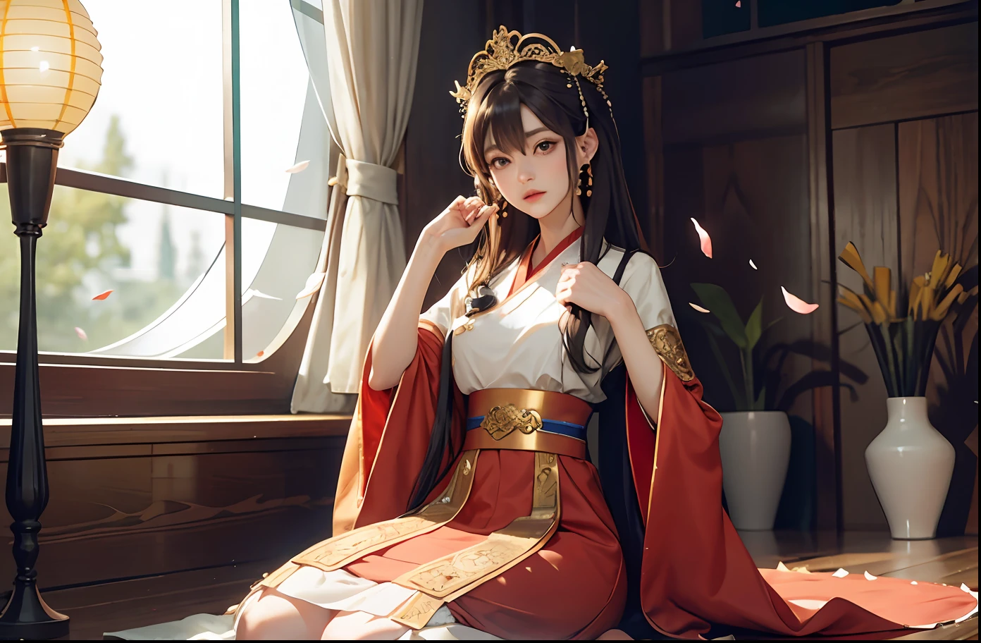 Need,tmasterpiece,A high resolution,(Delicate figure:1.5),Absolutely beautiful,(Milky skin:1.3),exquisitedetails,A high resolution,Background with,1female,独奏,shift dresses,hair adornments,(((Golden and red dress)) ), florals, long whitr hair, A brown-haired, Keep one's mouth shut, trinkets, longer sleeves, Raise Hand, Wide sleeves, Big eyes, Fluttering, Hanfu, Hanfu, embroidery, long skirt, natural poses, falling flower petals, inside in room, Fanning,lanterns,16K,HDR,A high resolution,depth of fields,(filmgrain:1.1),Bocoon,prime time,(lens flare glow),Vignette,rainbowing,(Color:1.5)
