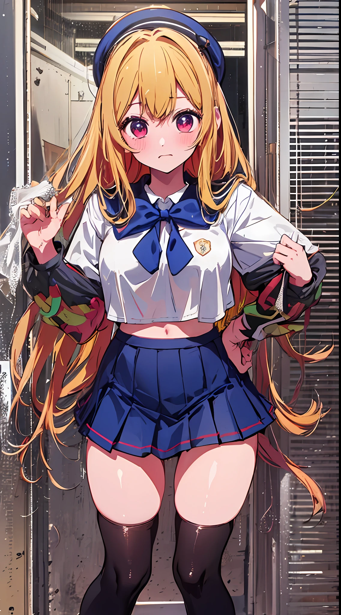 The main girl is beautiful and cute, traditional uniform, neat and clean coordination, "neat and bright uniform coordination", full body, full body illustration, best illustration, realistic and elaborate uniform, high school uniform, , ((highest quality)), ((masterpiece)), (detail: 1.4), anatomical, award-winning concept art, beautiful, fine details, portrait, look viewer, (full body display)), 1 girl, full body, solo, 6 years old, elementary schnt, child a, semi-long hair, red and pyes, big eyes, the pupil of the left eye is star-shaped, characteristic left eye pupil, left eye pupil clear, left eye pupil detailed, cute underwear, panties, long skirt, silk material panties, wet shirt, wet clothes, skirt lift, blush, classroom, navel out, clothes lift, simple background, lifting clothes, white shirt, uniform, blazer, Japan cute uniform, look away, short sleeves, loli, elementary school, main girl beautiful and cute, loli, babface, g, young, young appearance, fantastic visual depiion, pal effect, beautiful girl, petite girl, sweaty transparent clothes, uneven, absurd, uneven, As for uniforms, along with gs' schools, it is the oldest girls' school Japan based on Christianity, "very cute with traditional uniforms", "very cute sailor suits for both summer and winter clothes", heel-up loafers, golden hair, traditional uniforms, neat and clean outfits, the main girl is beautiful and cute.