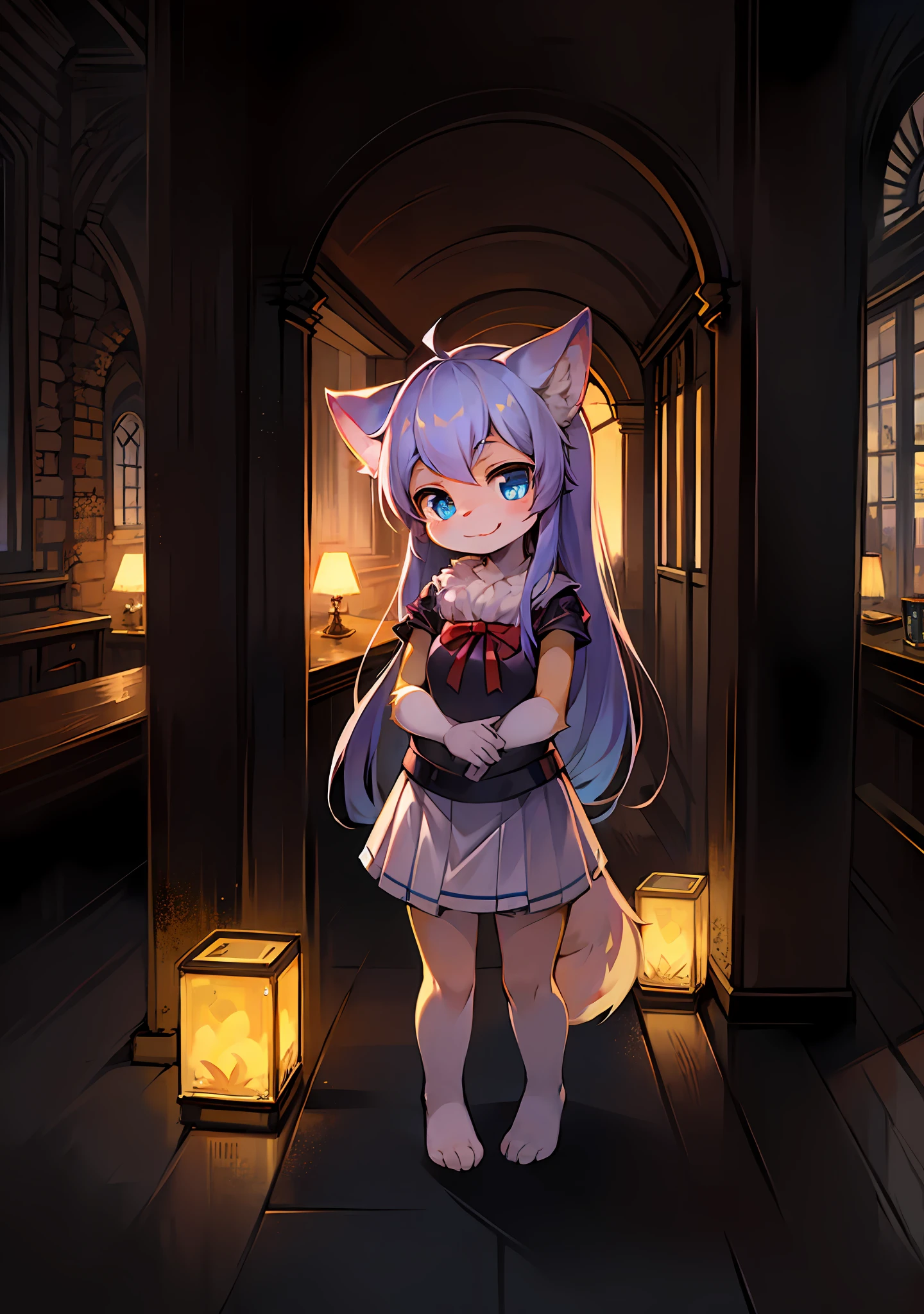 Bright eyes，in a panoramic view，Focus is prominent，Enhanced background details（0.7），Alone，Furry female character，The heroine stands out，Fluffy tail，eBlue eyes，Emphasis on yellowish skin，Emphasize loli，Emphasis on childhood，Young，Emphasis on childhood，emphasizing the cuteness，Emphasis on short stature，Place your hands behind your back，wearing a white skirt，Strengthens long hair，Petite and cute emphasized，A smile on his face（1.2)，the night、borgar（1.1）。