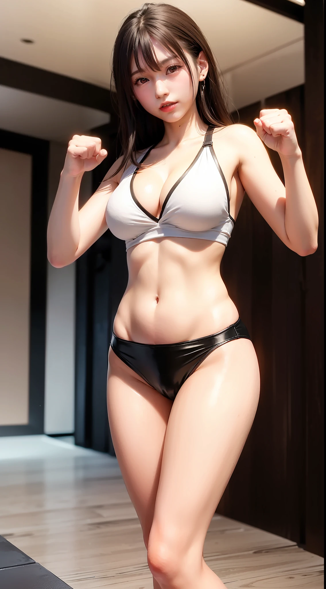 ((top-quality、8K、masterpiece:1.3))、((Cute girl with perfect body shape:1.5、brown haired、tits out:1.0、Rin々Shishi Face))、Highly detailed facial and skin texture、A detailed eye、二重まぶた、inside dojo、karate((opens legs、Stand with your hips down、Thrust your fist forward、Powerful、Black band、Dogi))、with light glowing、natural soft light