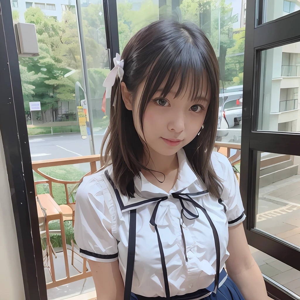masterpiece、top-quality、ultra-detailliert、illustratio、colourfull、Faltcolor、depth of fields、lensflare、1girl in、realphoto、hi-school girl、Waist-length black hair long straight hair、looking at the spectator、school、Classroom、large bulging breasts、transparent breast patch、Delicate skin、serafuku、Delicate texture、delicate cloth、Delicate beauty、Rolled up skirt Evening scenery