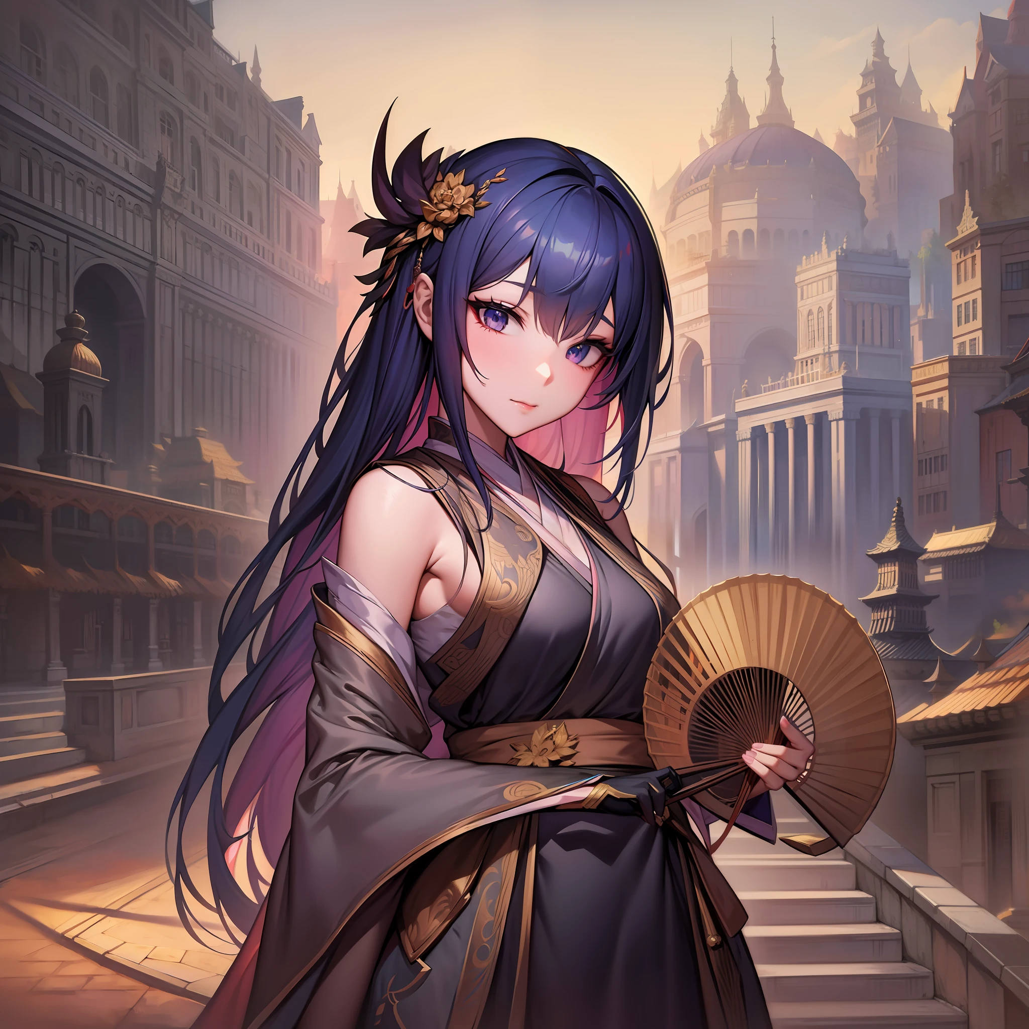 Anime girl with fan and fan in her hand, Guviz-style artwork, Guviz, Palace ， A girl in Hanfu, Guweiz on ArtStation Pixiv, Guweiz in Pixiv ArtStation, guweiz masterpiece, 8K high quality detailed art, Detailed digital anime art, Digital anime illustration