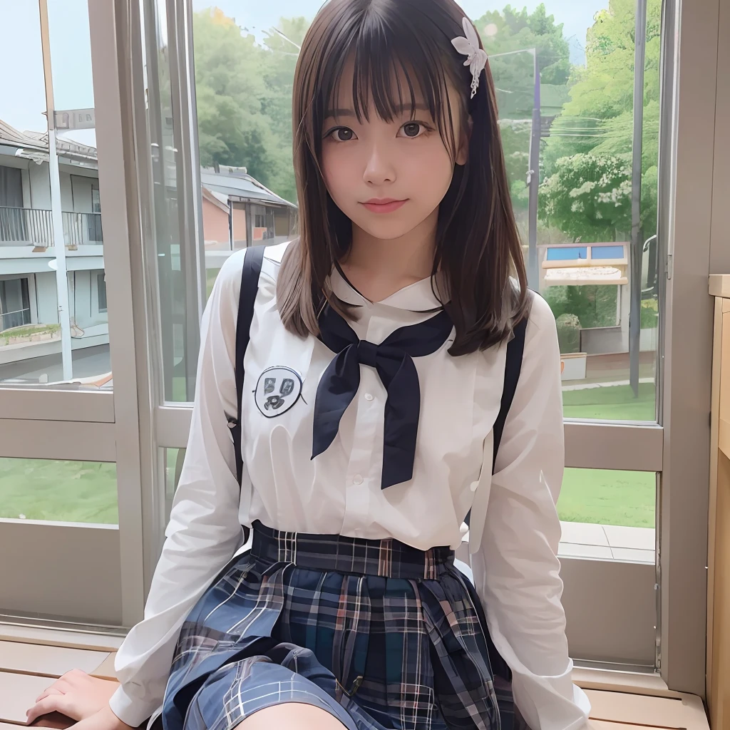 masterpiece、top-quality、ultra-detailliert、illustratio、colourfull、Faltcolor、depth of fields、lensflare、1girl in、realphoto、hi-school girl、Waist-length black hair long straight hair、looking at the spectator、school、Classroom、large bulging breasts、transparent breast patch、Delicate skin、serafuku、Delicate texture、delicate cloth、Delicate beauty、Rolled up skirt Evening scenery