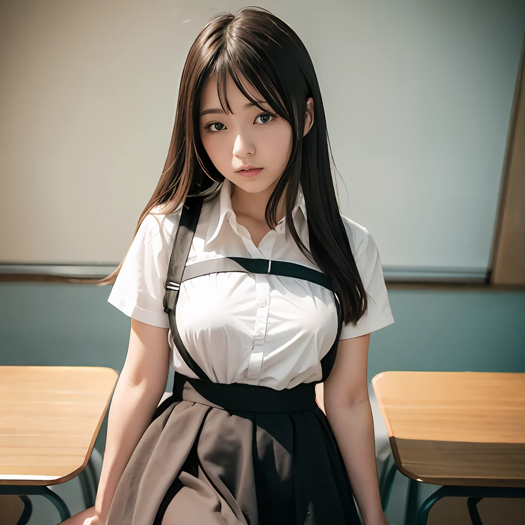 masterpiece、top-quality、ultra-detailliert、illustratio、colourfull、Faltcolor、depth of fields、lensflare、1girl in、realphoto、hi-school girl、Waist-length black hair long straight hair、looking at the spectator、school、Classroom、large bulging breasts、transparent breast patch、Delicate skin、serafuku、Delicate texture、delicate cloth、Delicate beauty、Rolled up skirt Evening scenery