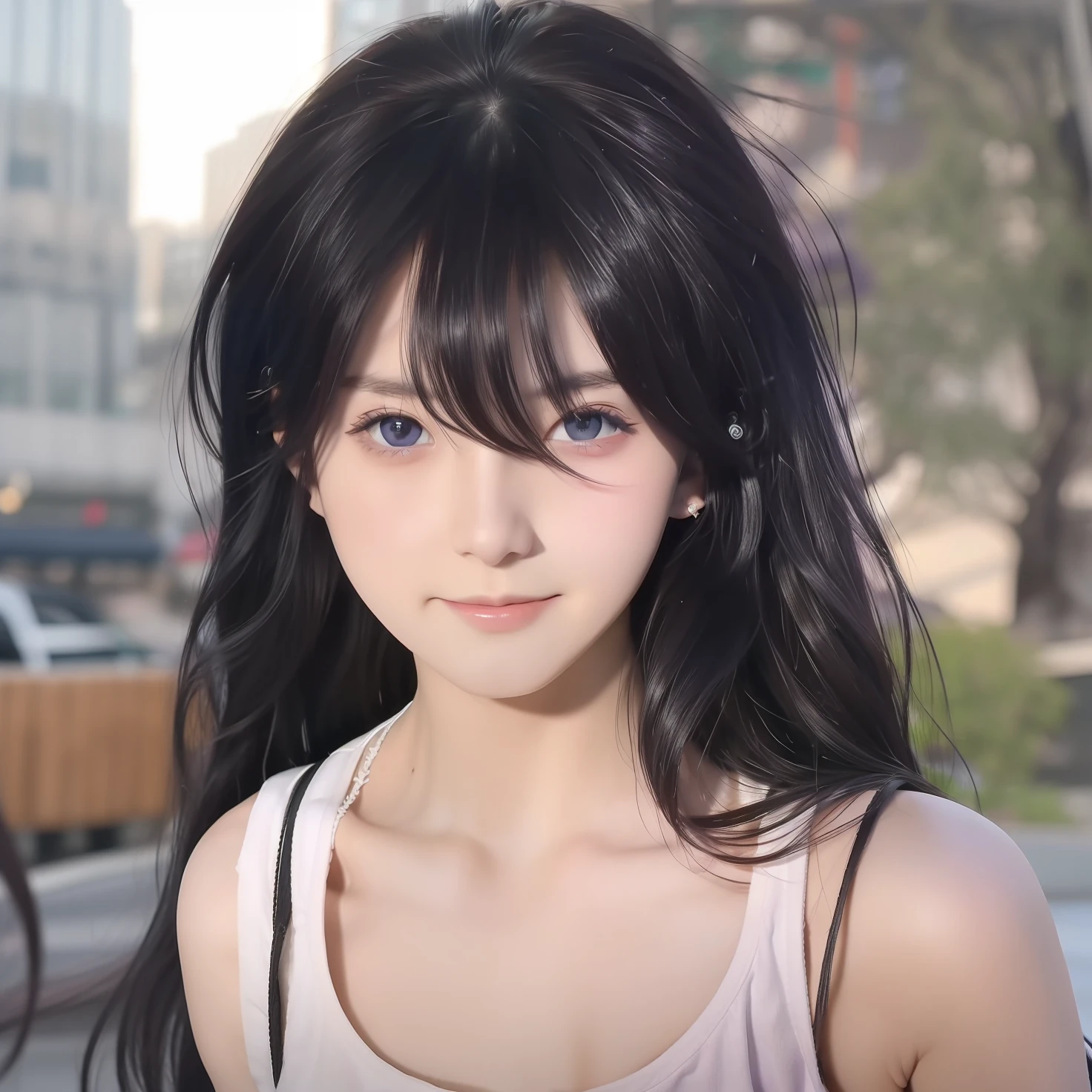 girl, Mikasa, verry beautiful, beautiful eyes, beautiful hair, black hair, purple eyes, white tank top, realistic, ultra detail, 70mm lens,