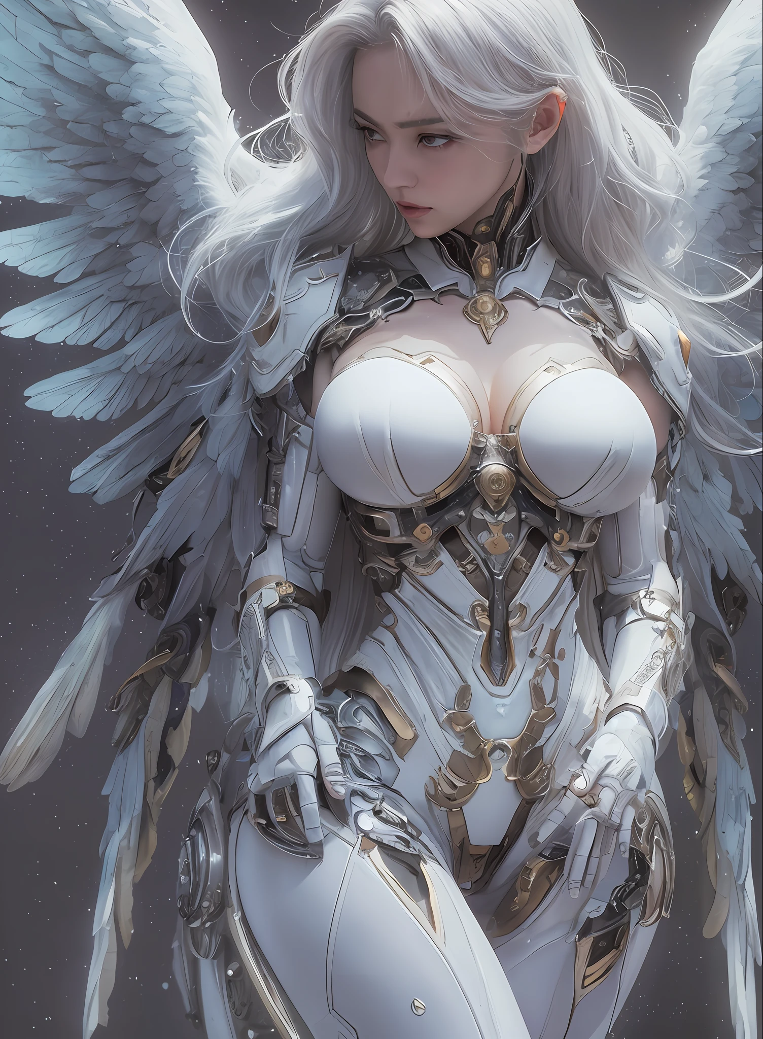 top-quality、​masterpiece、超A high resolution、(Photorealsitic:1.4)、Raw photo、Cyborg Angel、large wings made of metal、White porcelain body、white  hair、glowy skin、1 Cyborg Girl、((super realistic details))、portlate、globalillumination、Shadow、octan render、8K、ultrasharp、character edge light,Colossal tits、Raw skin is exposed in cleavage、Details of complex ornaments、Sumerian detailed hydraulic cylinders、Small LED lamp、highly intricate detail、Realistic light、a purple eye、radiant eyes、Facing the camera、neon details、cowboy  shot、Futuristic headgear、About Cyberpunk、、