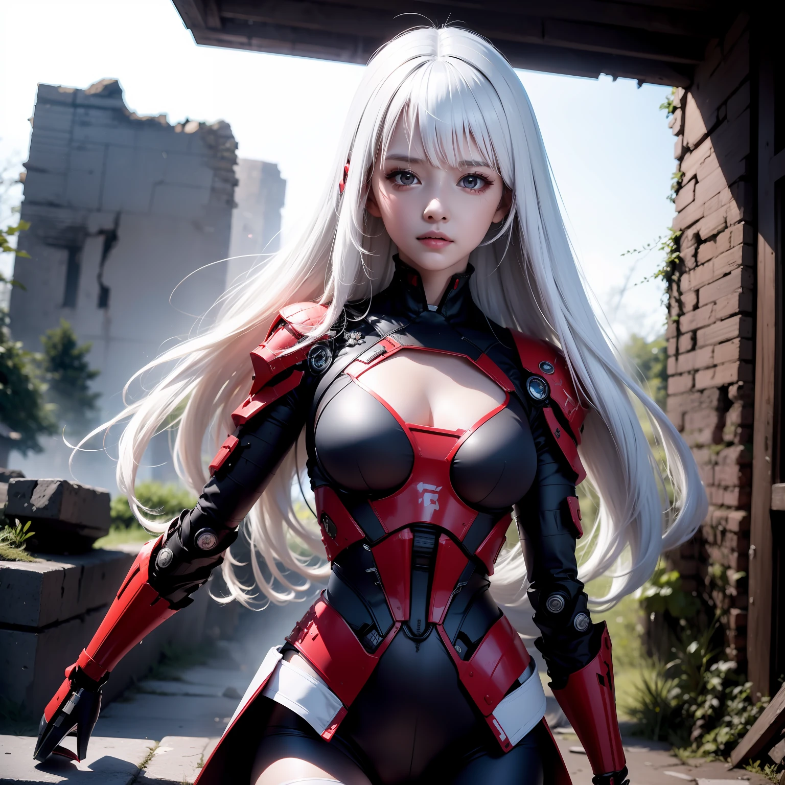 A white-haired, red-eyed loli mech girl fighting in the ruins