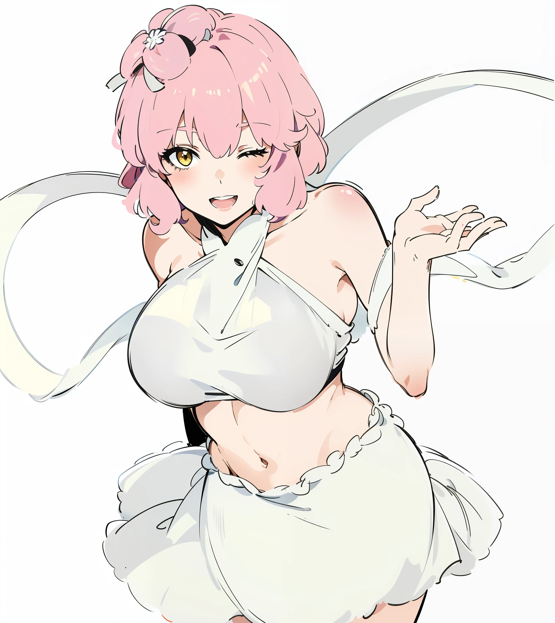 Gray-white costumes of ancient Persian dancers，Off-white dance dress，White tulle，white streamer, hair between eye, faeries, Medium breasts,nabel， Pink hair, Shawl, short detailed hair, Skirt, Smile, Yellow eyes,The costume does not have any lace