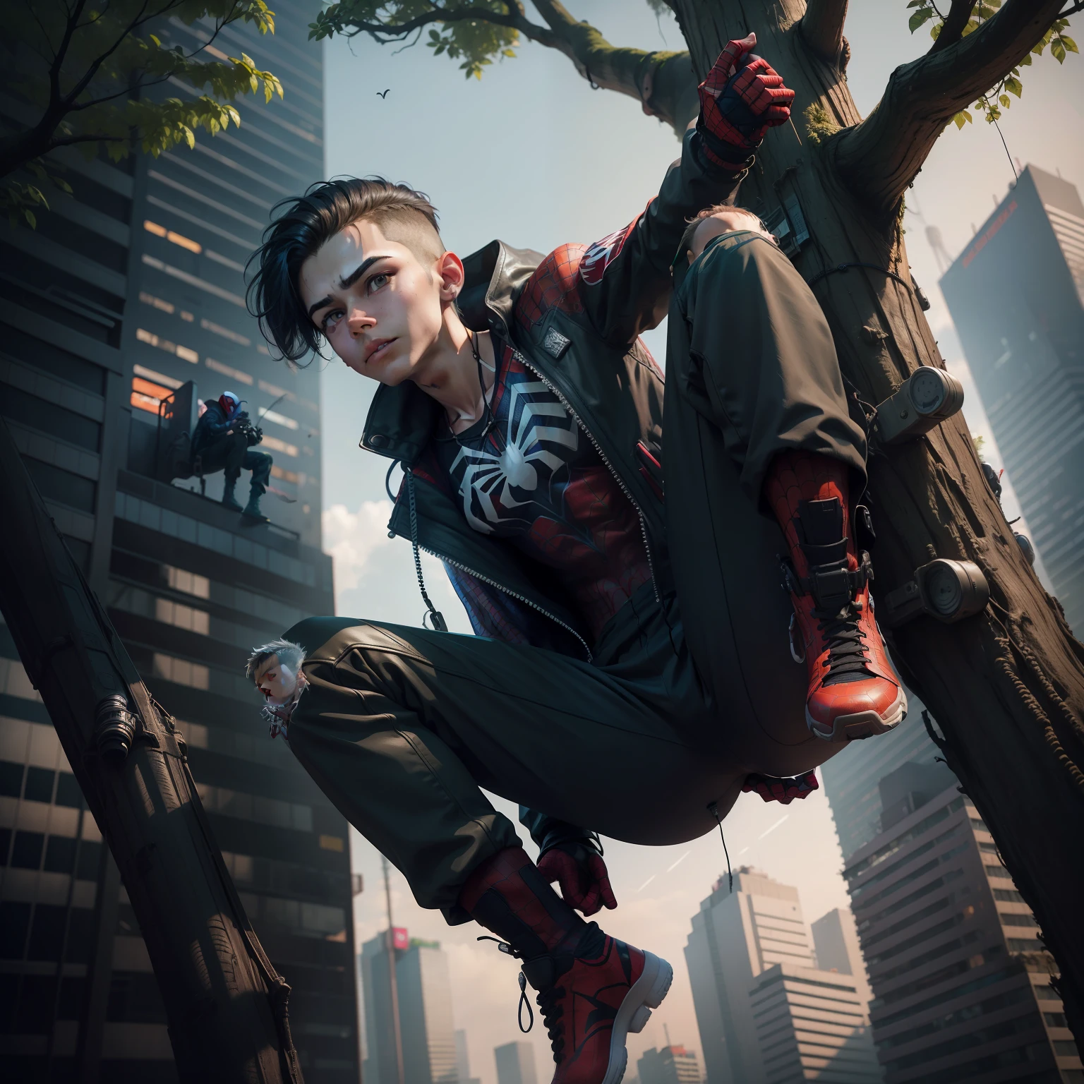 A boy in the tree under,wear a spider man costume, cyberpunk 1.5,