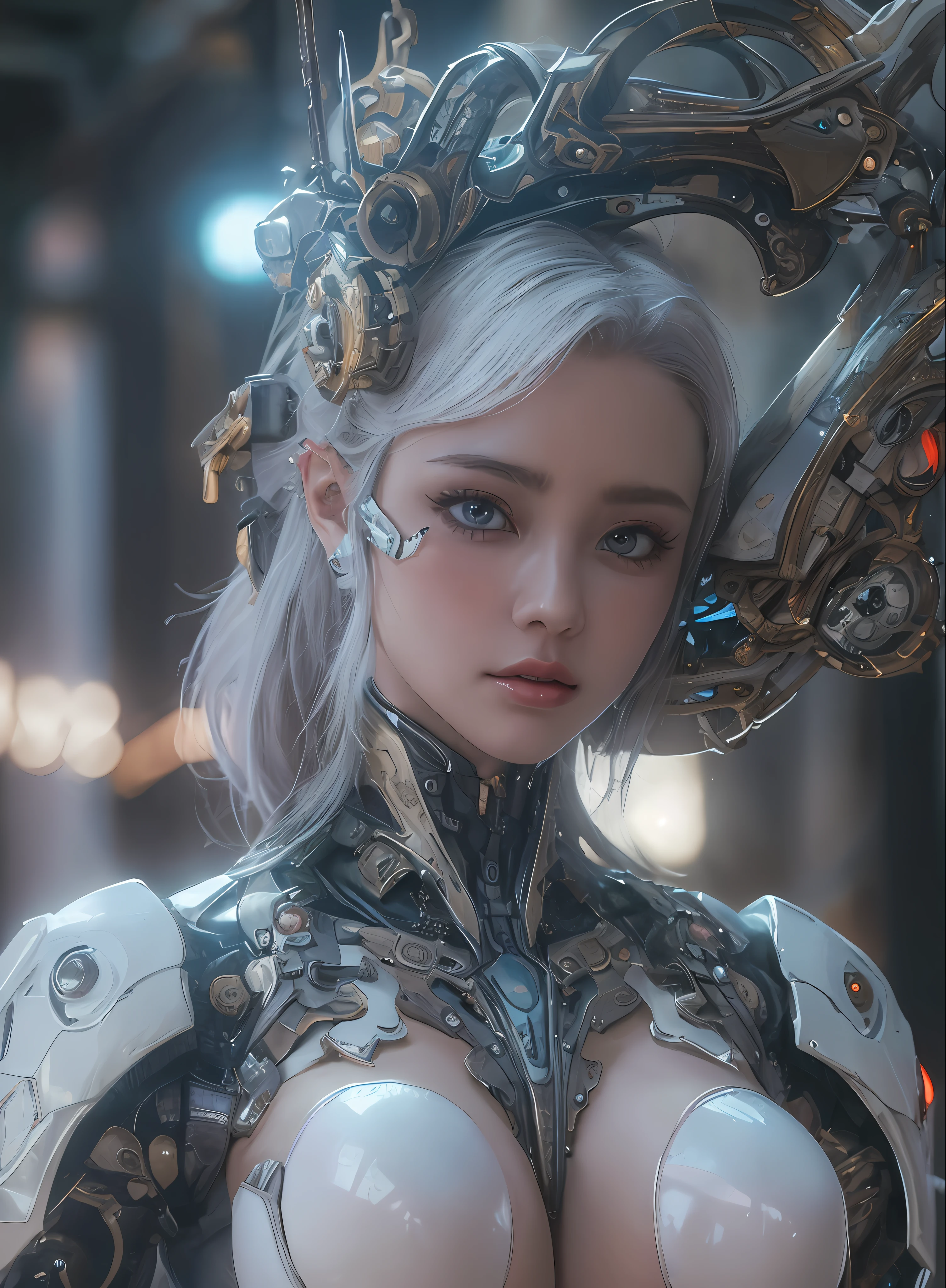 top-quality、​masterpiece、超A high resolution、(Photorealsitic:1.4)、Raw photo、Cyborg Angel、large wings made of metal、White porcelain body、white  hair、glowy skin、1 Cyborg Girl、((super realistic details))、portlate、globalillumination、Shadow、octan render、8K、ultrasharp、character edge light,Colossal tits、Raw skin is exposed in cleavage、Details of complex ornaments、Sumerian detailed hydraulic cylinders、Small LED lamp、highly intricate detail、Realistic light、a purple eye、radiant eyes、Facing the camera、neon details、cowboy  shot、Futuristic headgear、About Cyberpunk、、